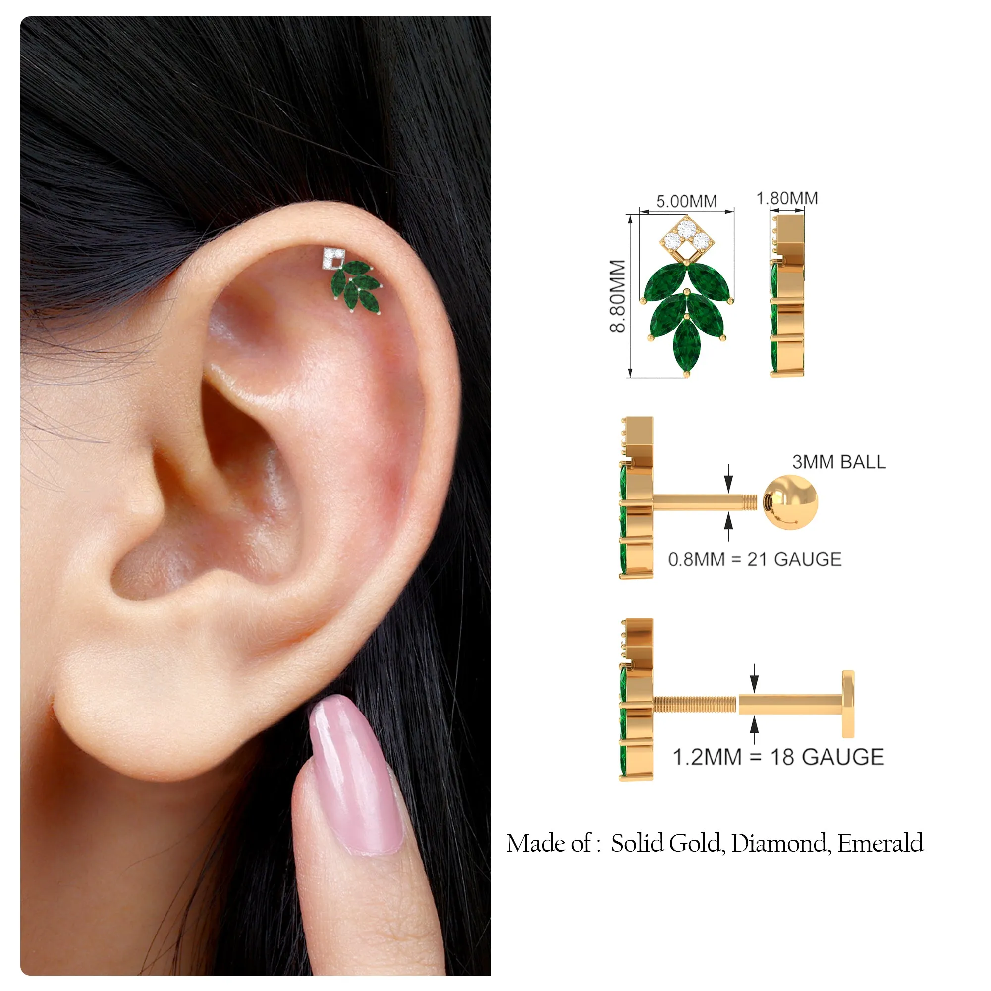 Emerald and Diamond Leaf Cartilage Earring