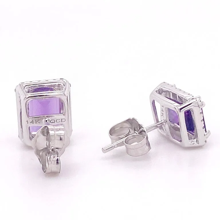 Emerald Cut Amethyst Diamond Halo Stud Earrings