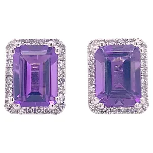 Emerald Cut Amethyst Diamond Halo Stud Earrings