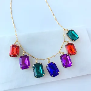 Emerald Cut Rhinestone Charm Statement Necklace