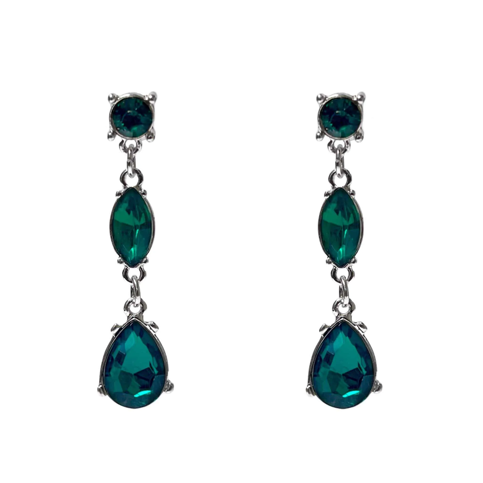 Emerald Green Silver Drop Clip Vintage Look Earrings