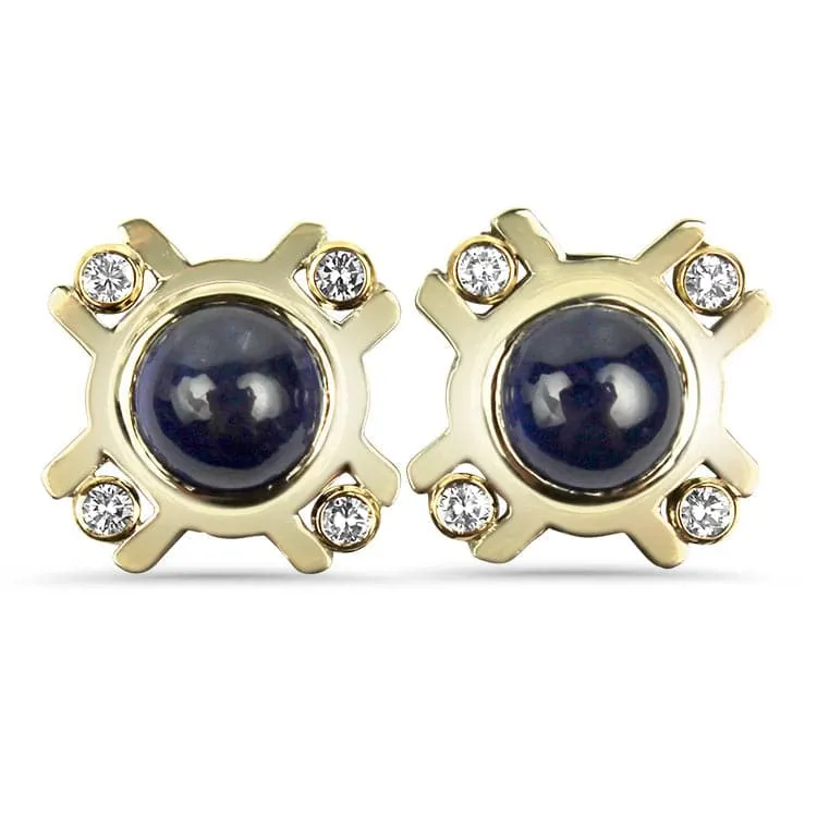 Estate 14K Yellow Gold Cabochon Sapphire and Diamond Stud Earrings