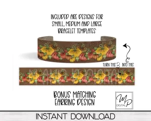 Fall Pumpkin Acrylic Cuff Bracelet PNG Design for Sublimation, Bonus Earring Design, Digital Download