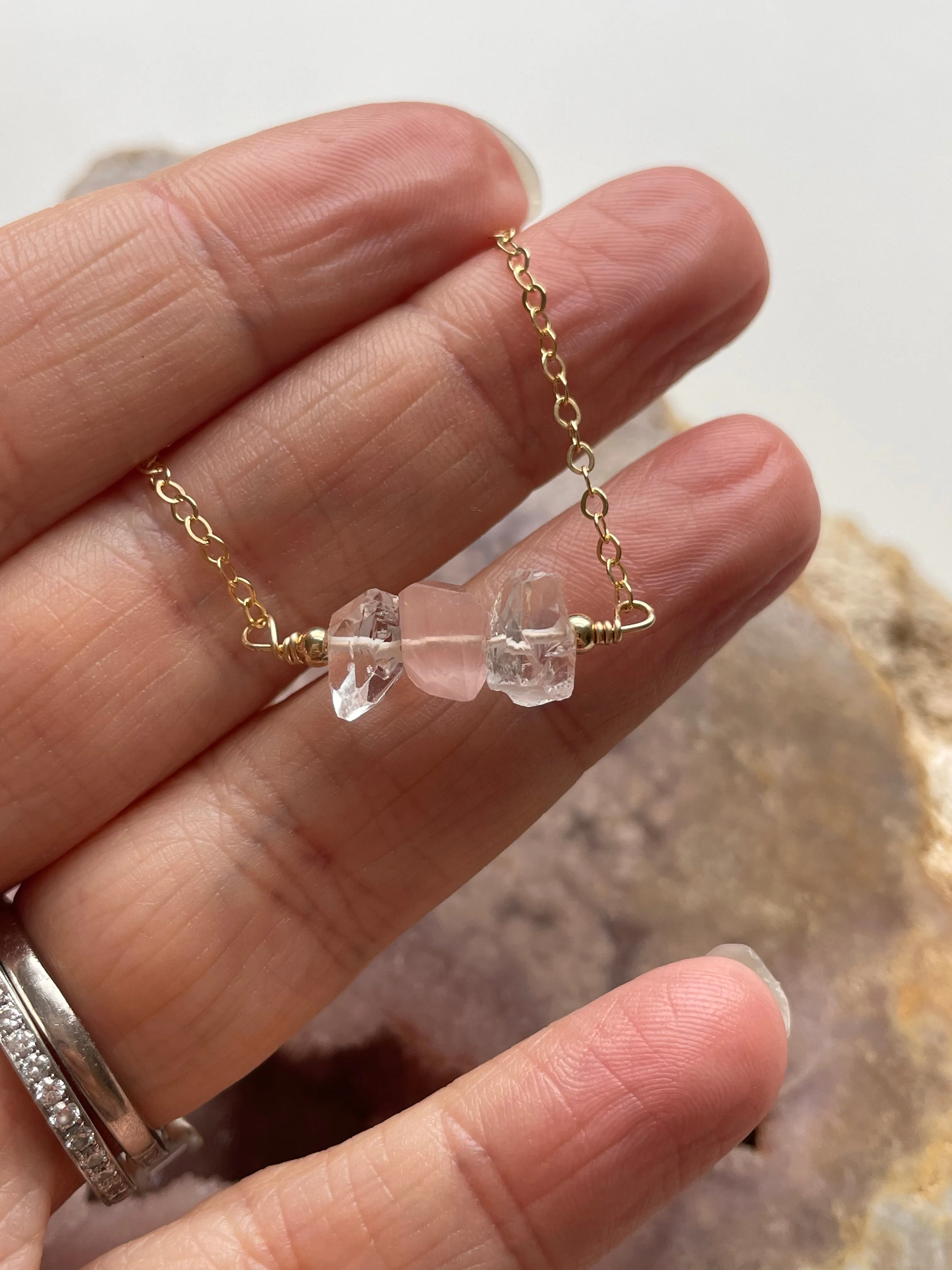 Feminine Crystal Necklace- Herkimer Diamond - Rose Quartz- Clear Quartz