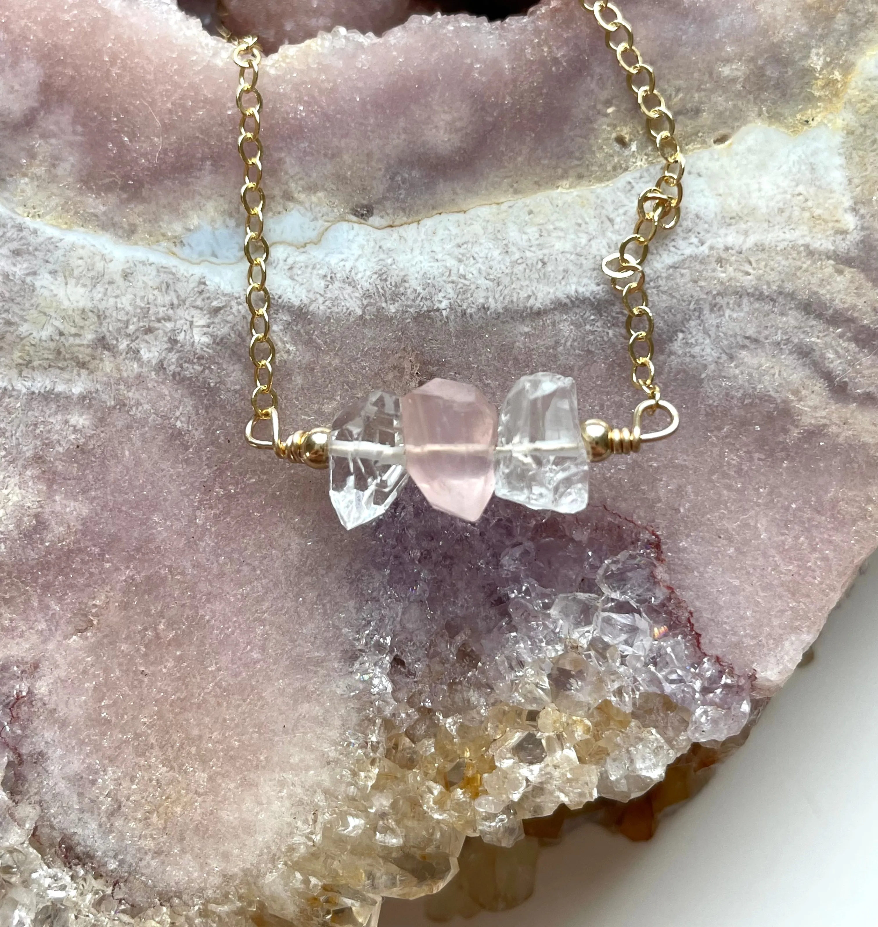 Feminine Crystal Necklace- Herkimer Diamond - Rose Quartz- Clear Quartz