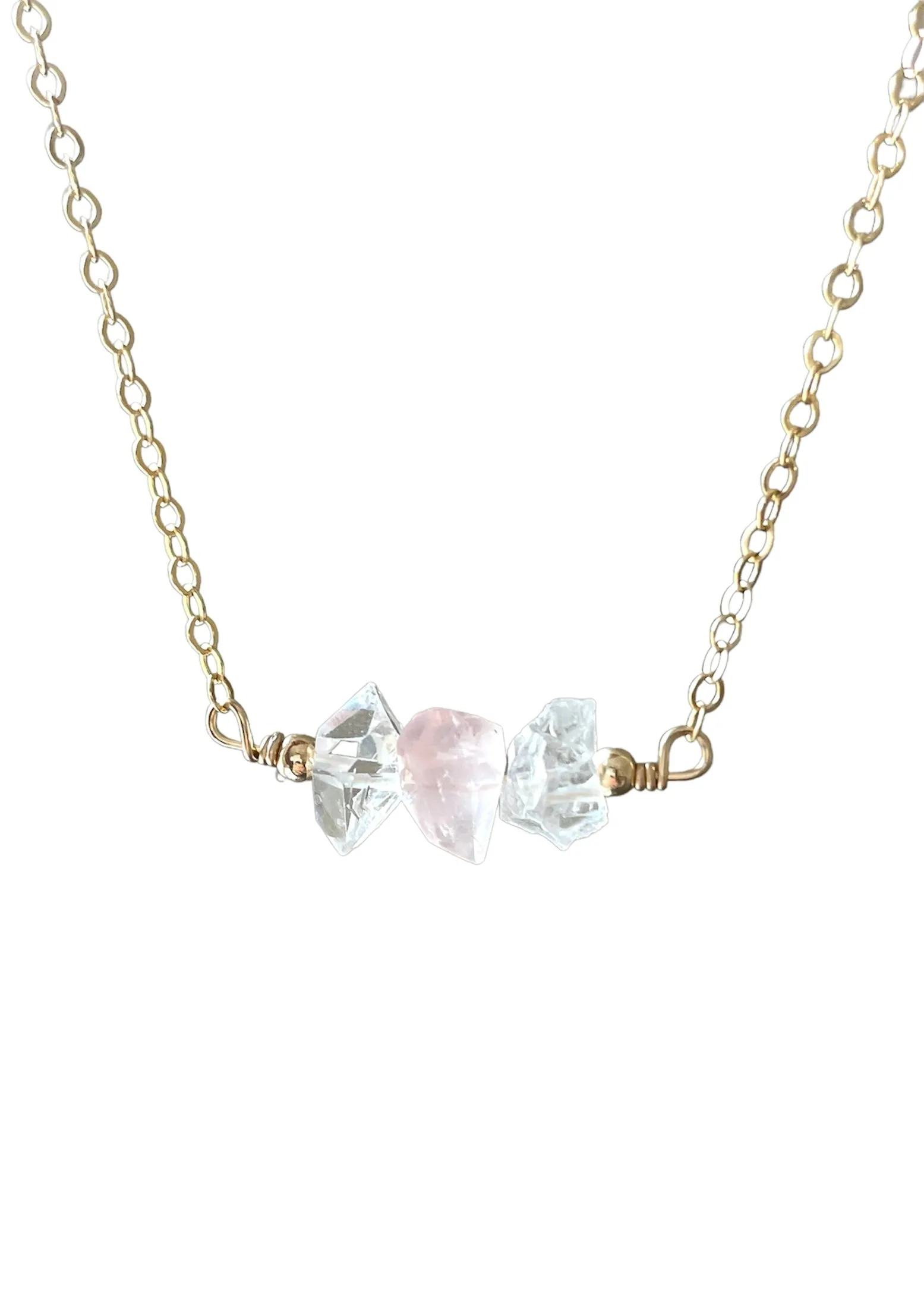 Feminine Crystal Necklace- Herkimer Diamond - Rose Quartz- Clear Quartz