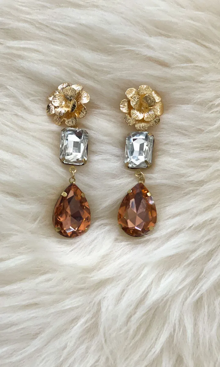 Fleur 2 Drop Teardrop Earrings - Amber Tear Drop