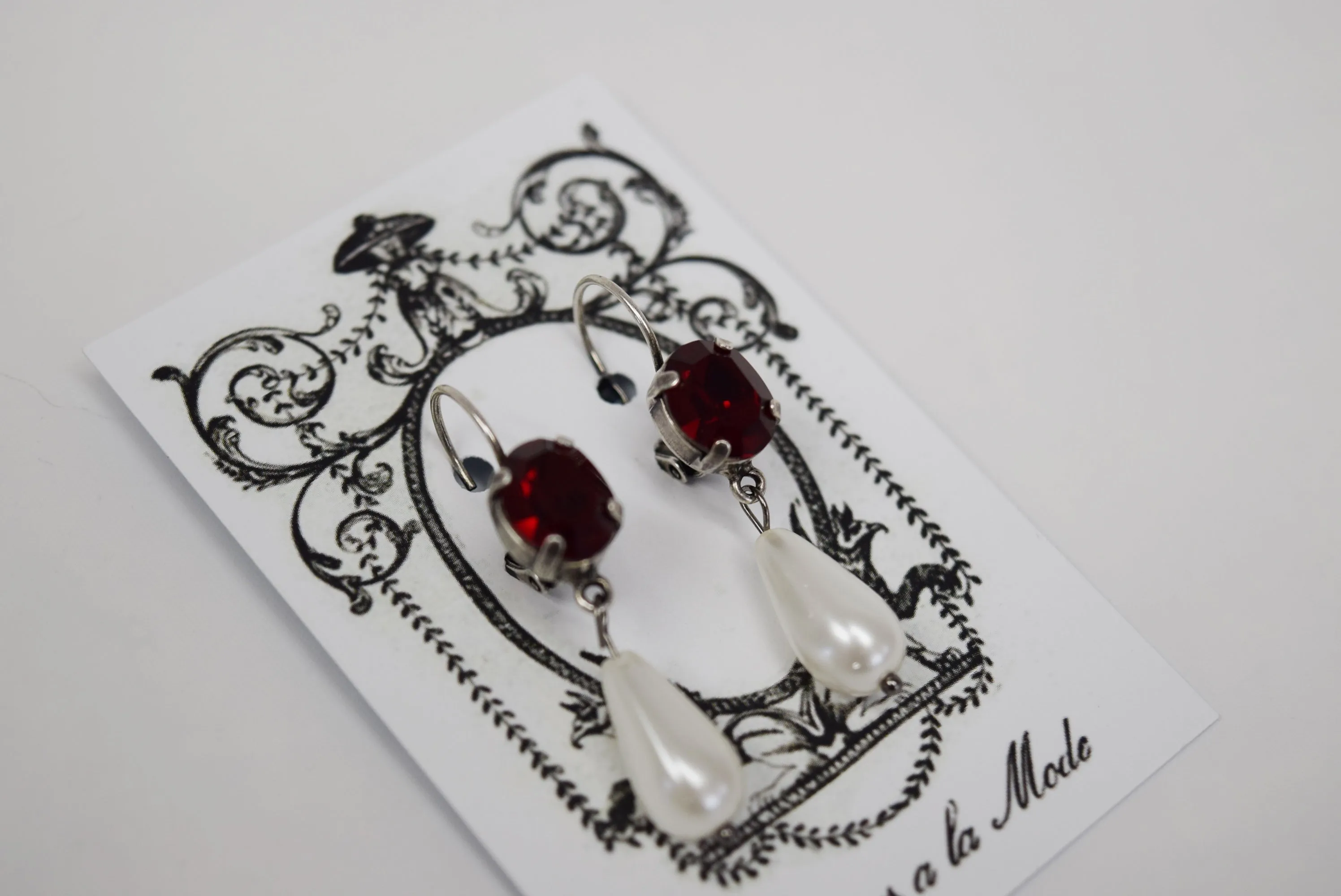 Garnet Swarovski Crystal and Pearl Dangles - Tiny Oval, Small Pearl