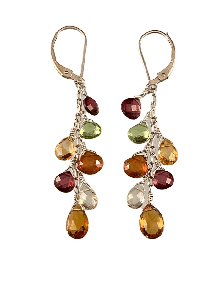 Garnet Topaz Lemon Quartz Citrine Peridot Silver Waterfall Gemstone Earrings