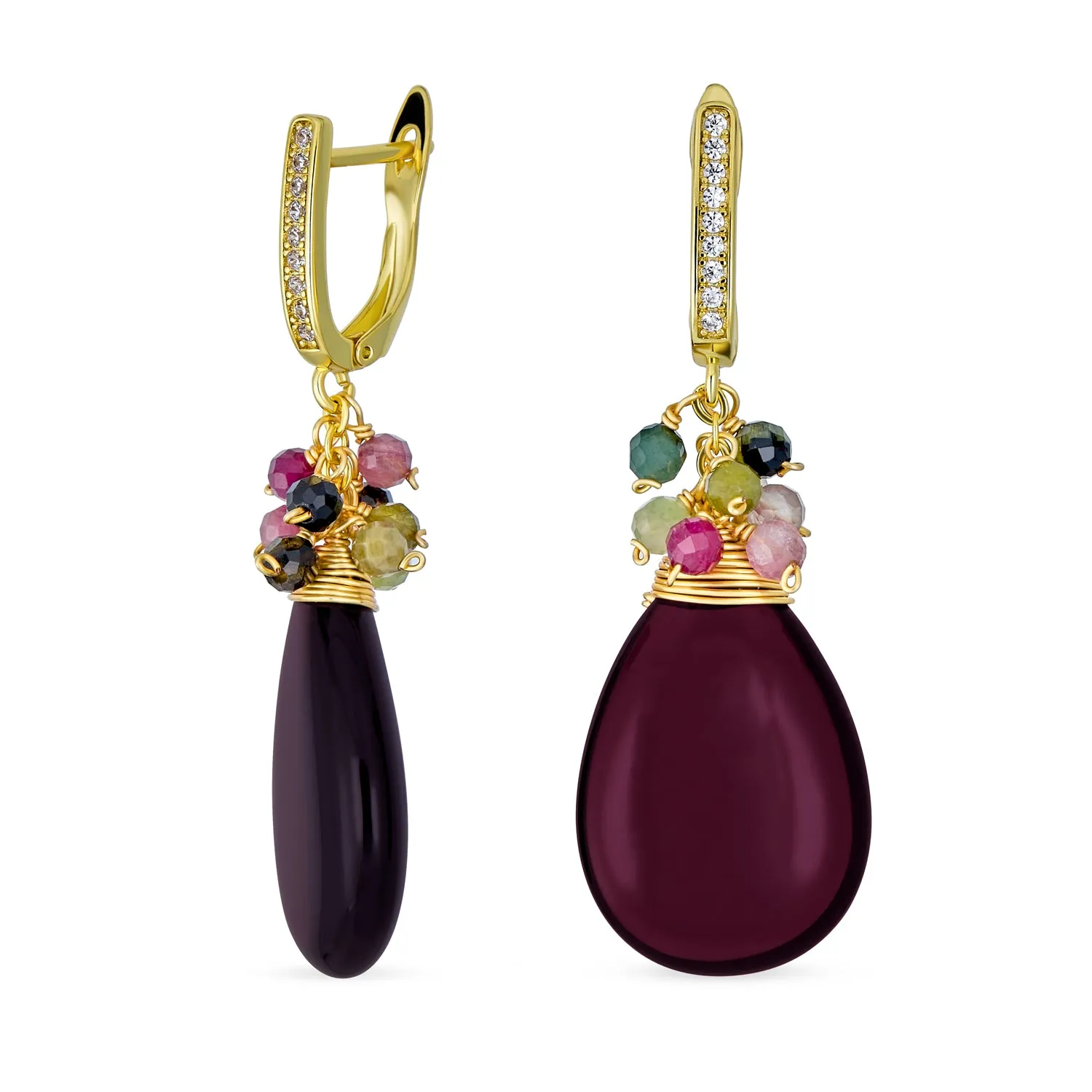 Gemstone Big Teardrop Drop Bead Accent Dangle Earrings Gold Plated