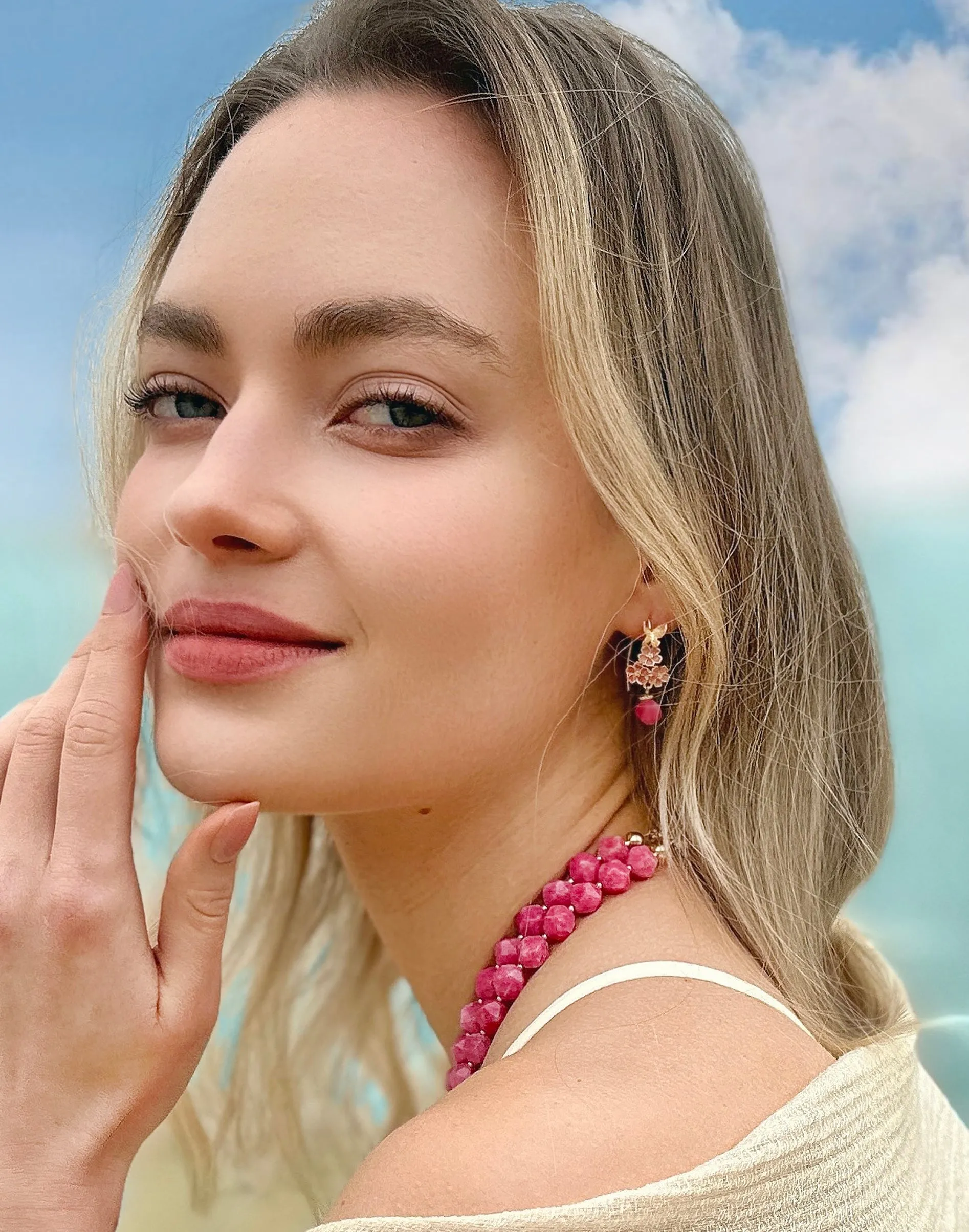 Glazed Flower with Pink Gemstone Dangle Earrings LE002