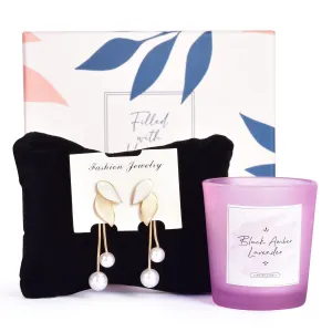 Gleevers Gift Set for Women |Gift Box of 2 with Candle (Black Amber Lavender,60gm) & Pearl Dangler Earring|Birthday Gift,Anniversary Gift,Valentine Gift,Secret Santa Gifts