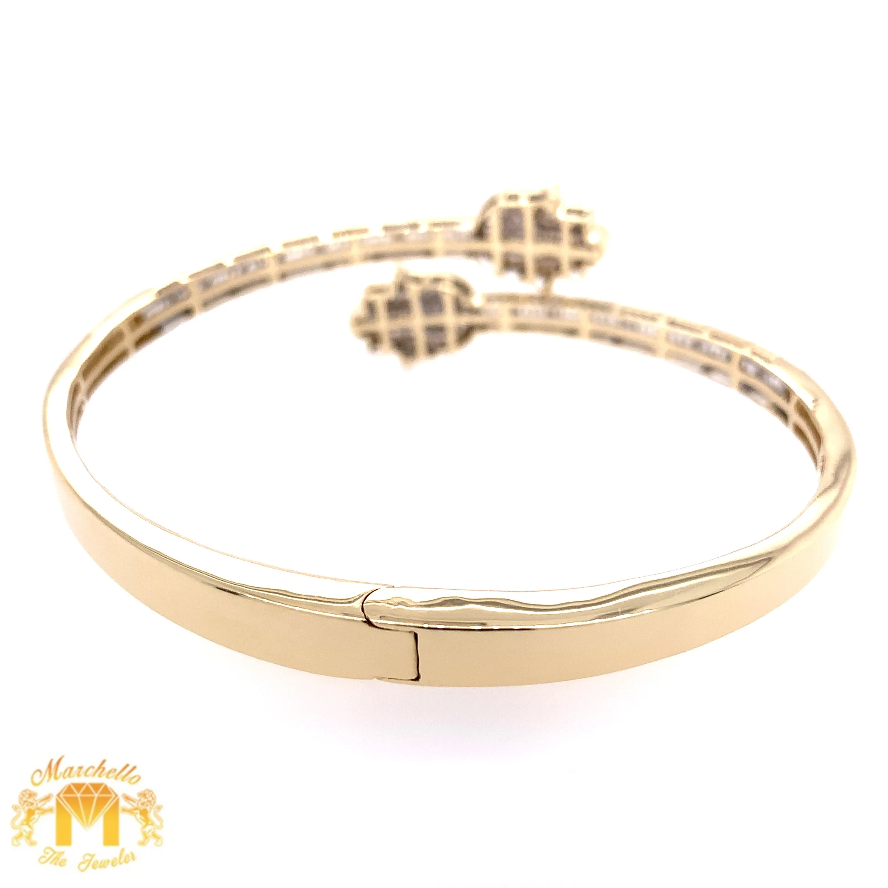 Gold and Diamond Twin Hamsas Ladies' Bangle Bracelet with baguette and round diamonds