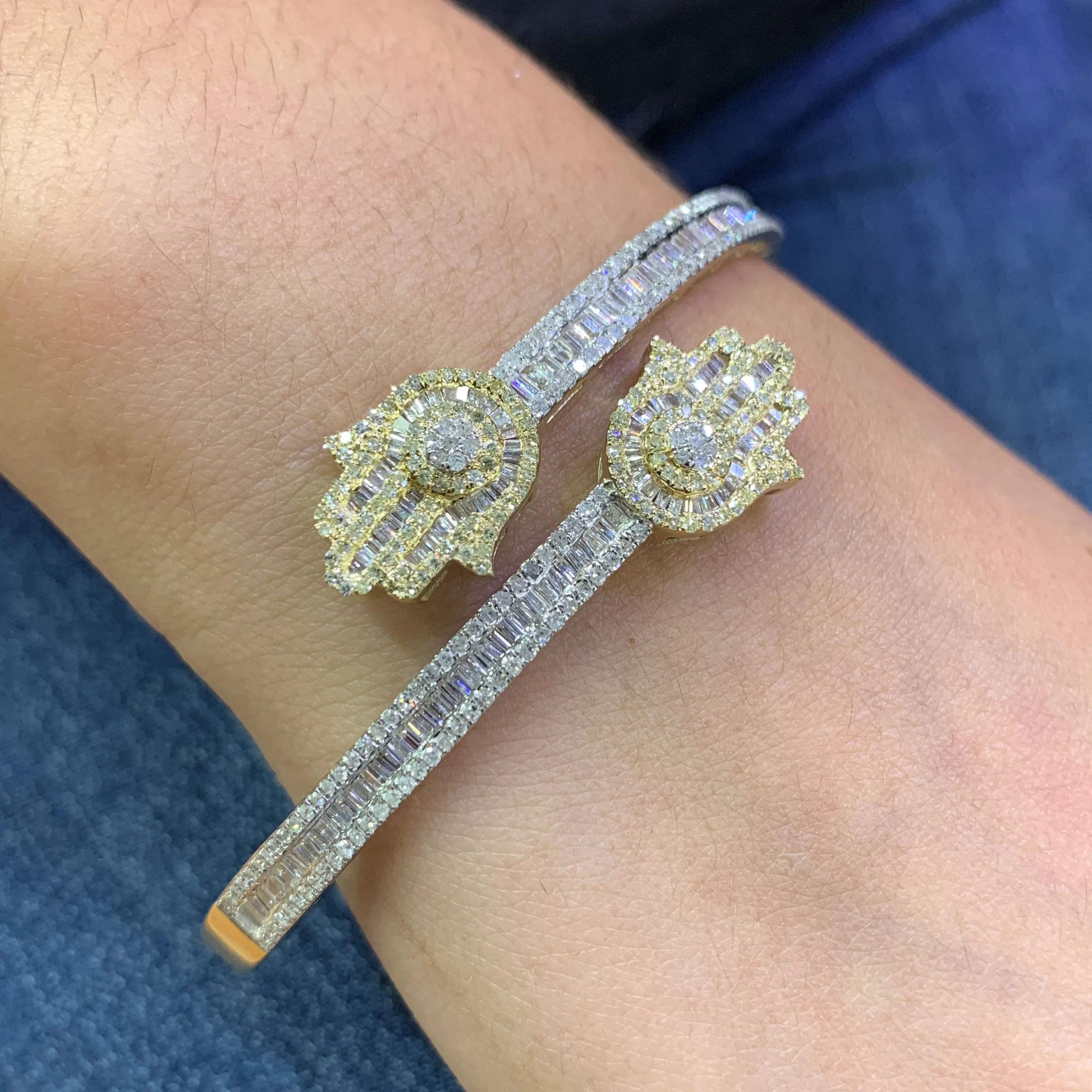 Gold and Diamond Twin Hamsas Ladies' Bangle Bracelet with baguette and round diamonds