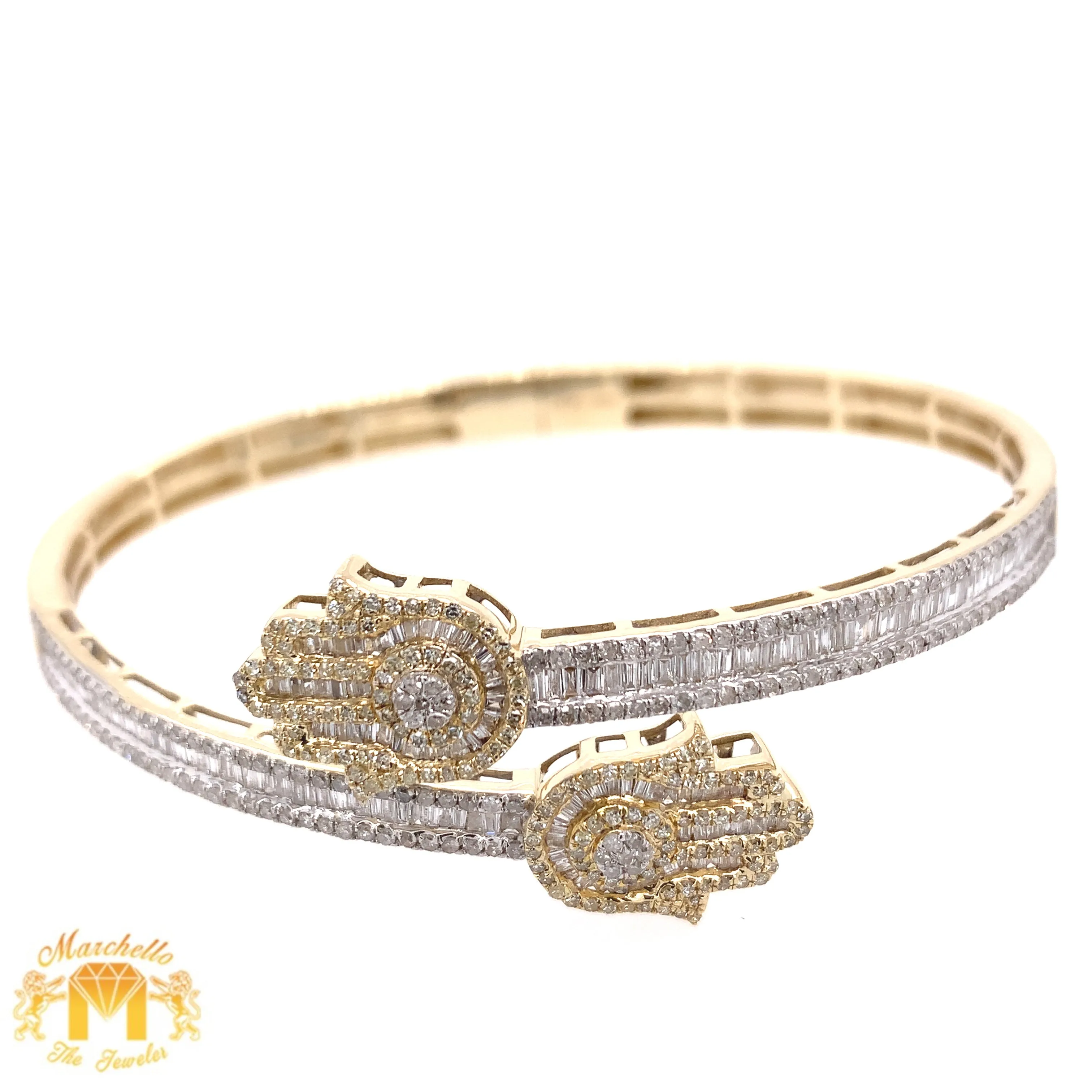 Gold and Diamond Twin Hamsas Ladies' Bangle Bracelet with baguette and round diamonds