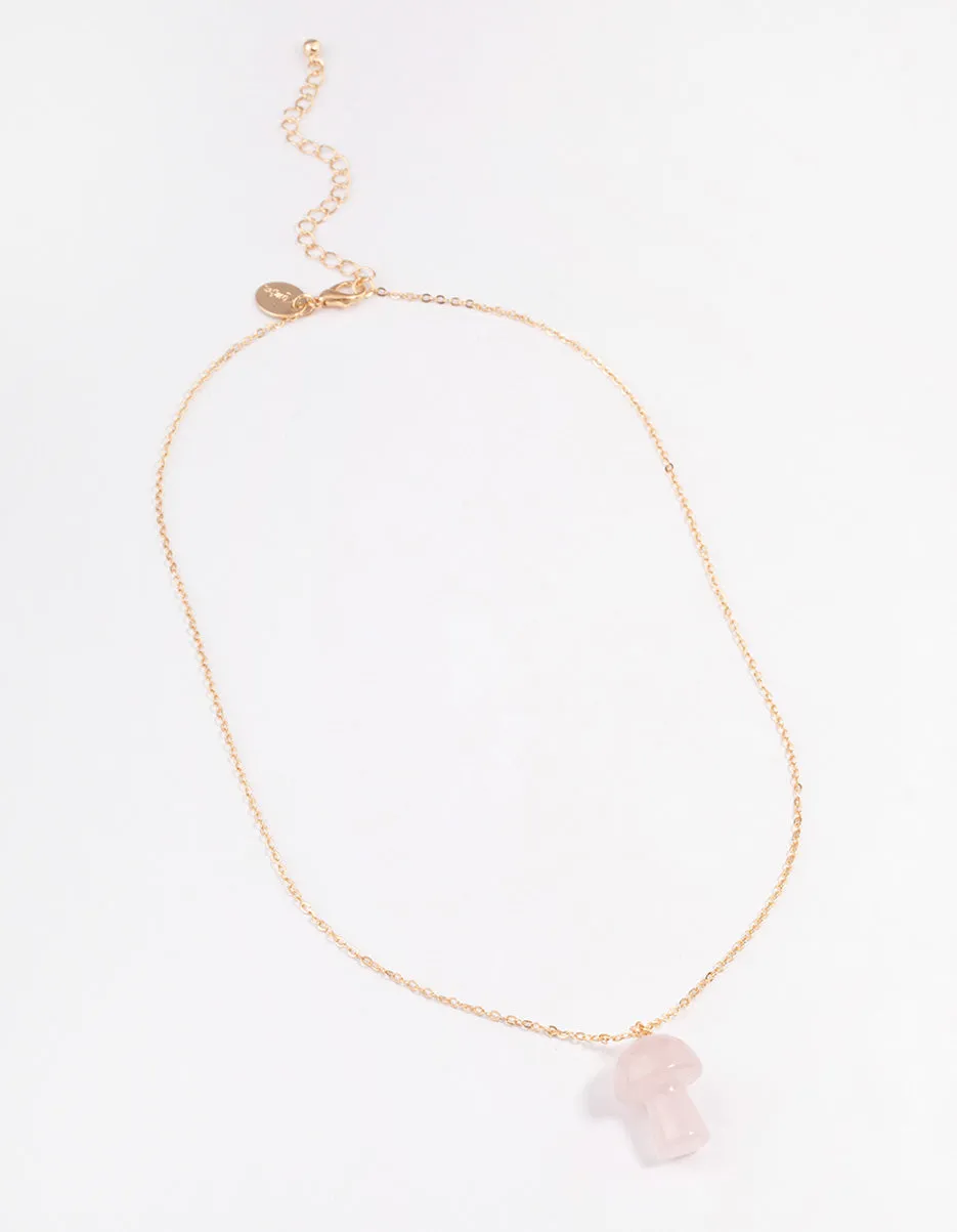 Gold Rose Quartz Moon & Mushroom Pendant Necklace