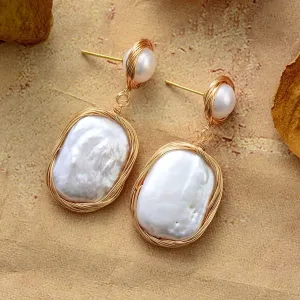 Golden Wire Wrapped Pearl Earrings