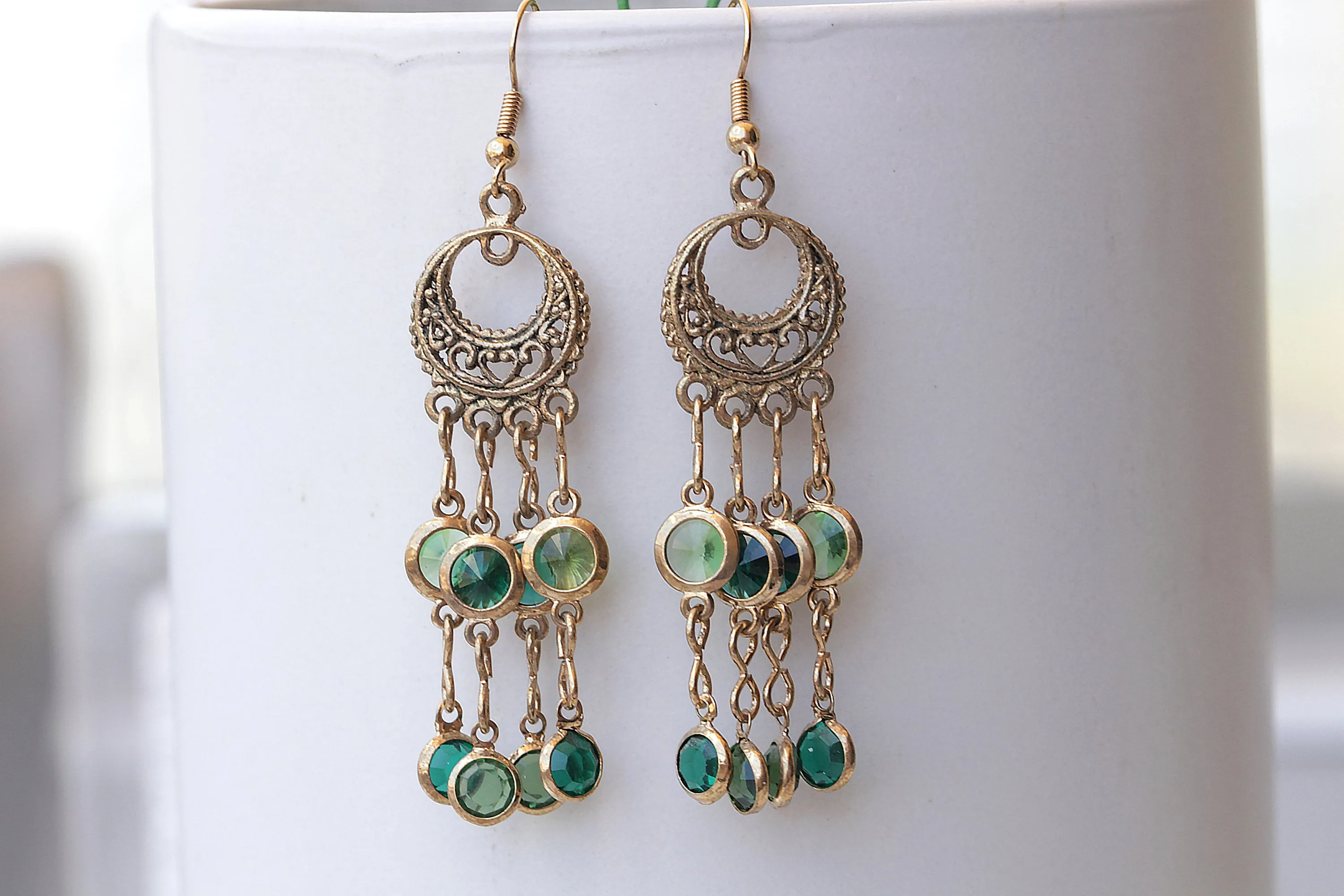 Green Gold Fringes Earrings