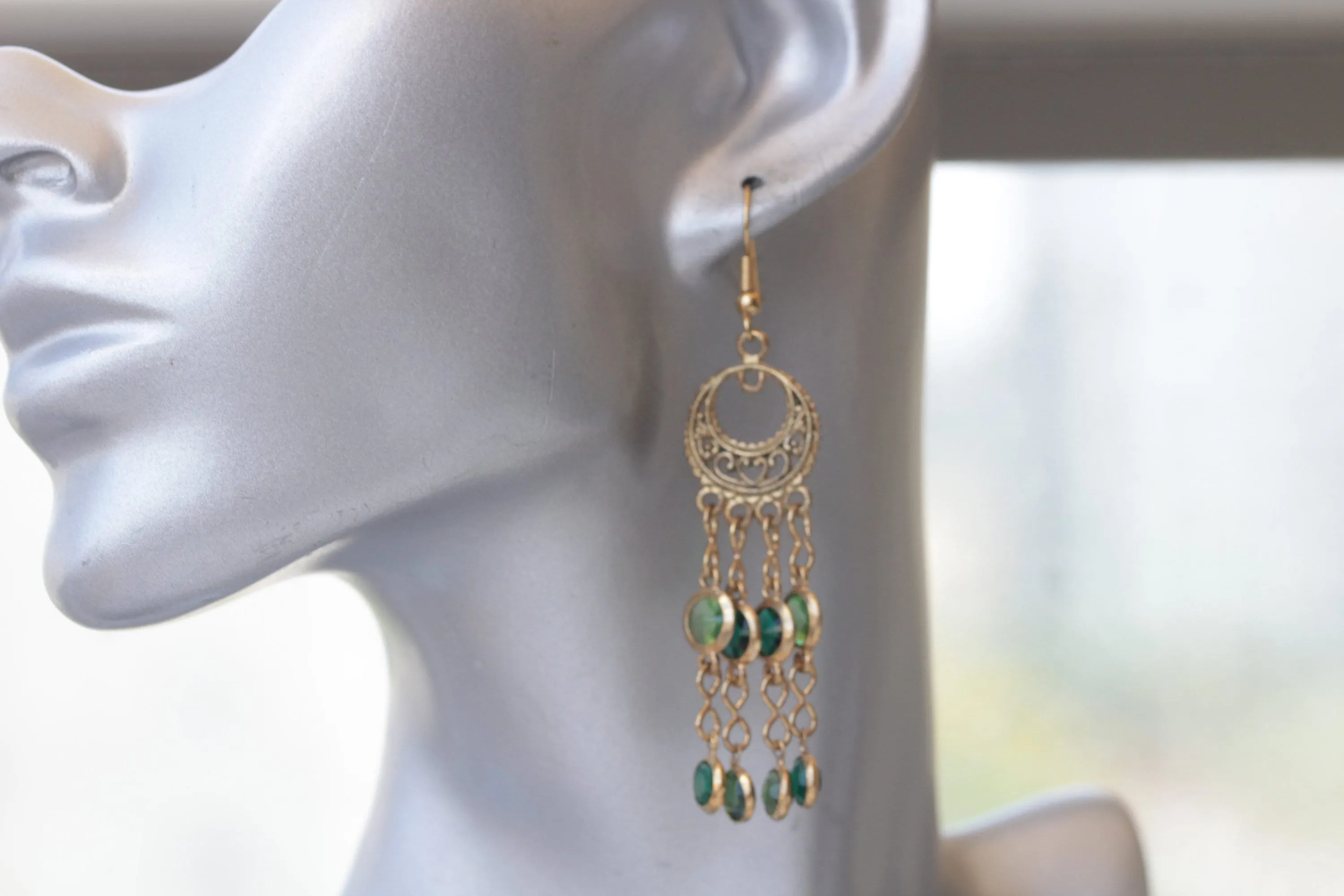 Green Gold Fringes Earrings