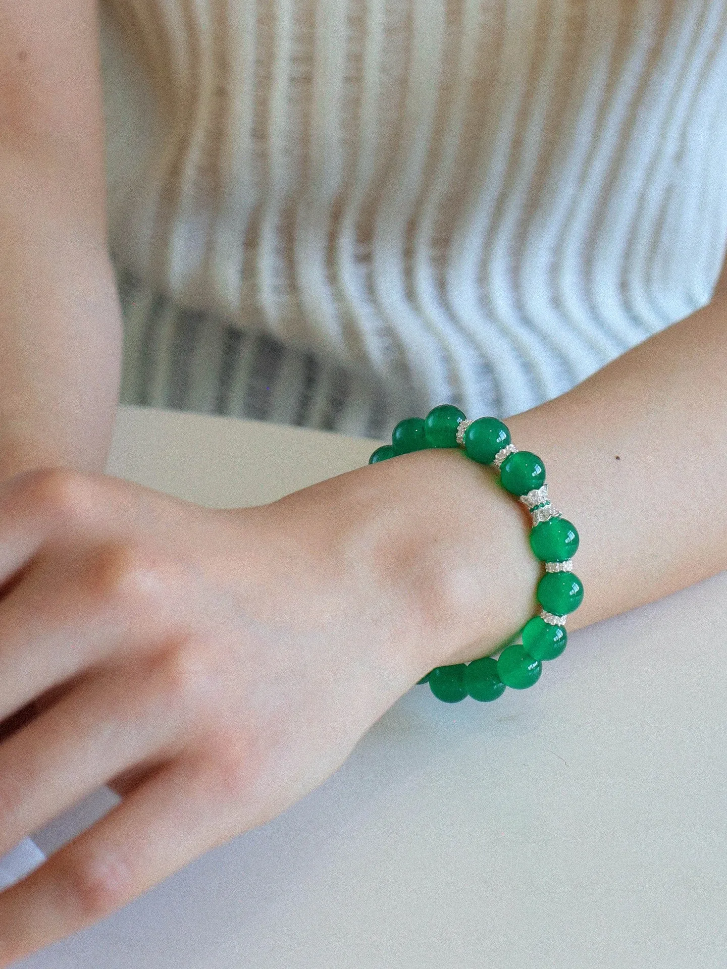 Green Onyx Sterling Silver Waist Beads Stretch Bracelet