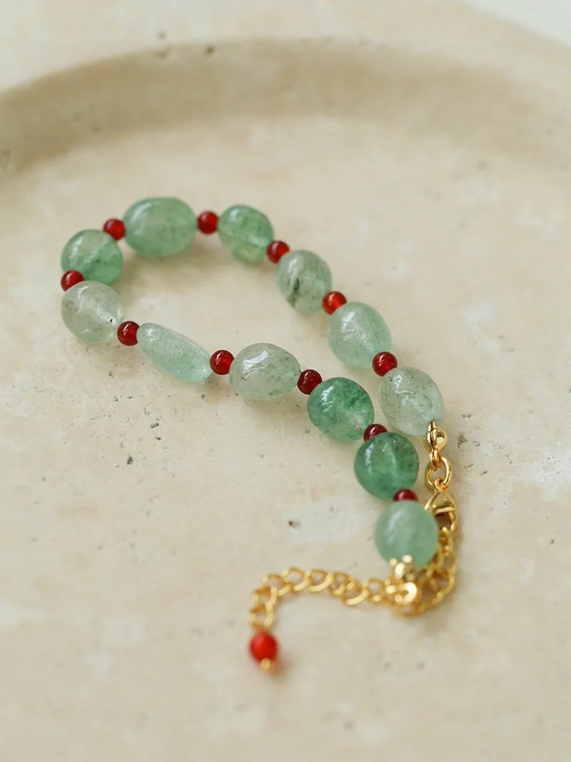 Green Strawberry Quartz and Red Onyx Beaded Bracelet