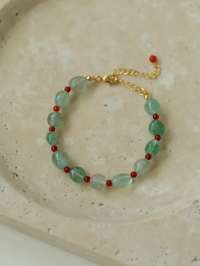 Green Strawberry Quartz and Red Onyx Beaded Bracelet