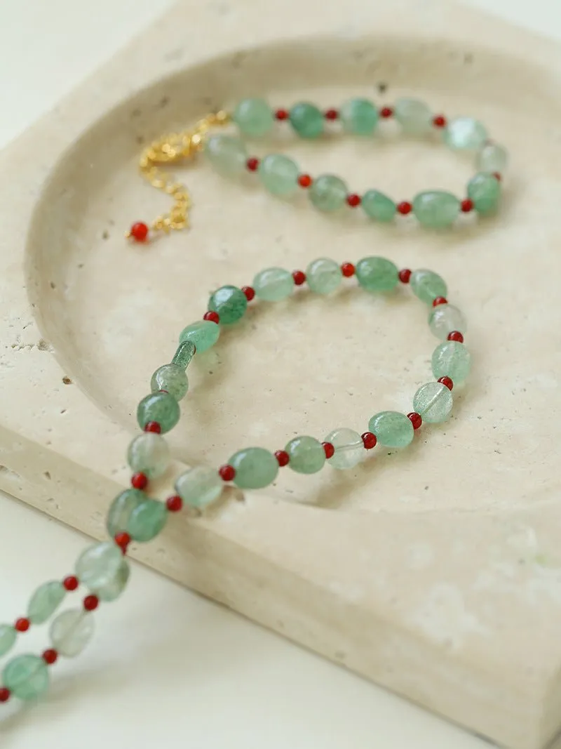 Green Strawberry Quartz and Red Onyx Beaded Bracelet