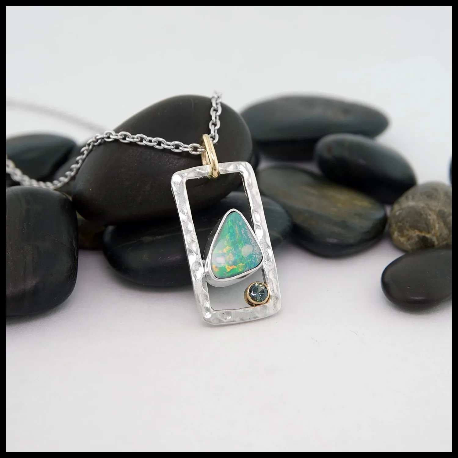 Hammered Frame Opal and Tourmaline Pendant