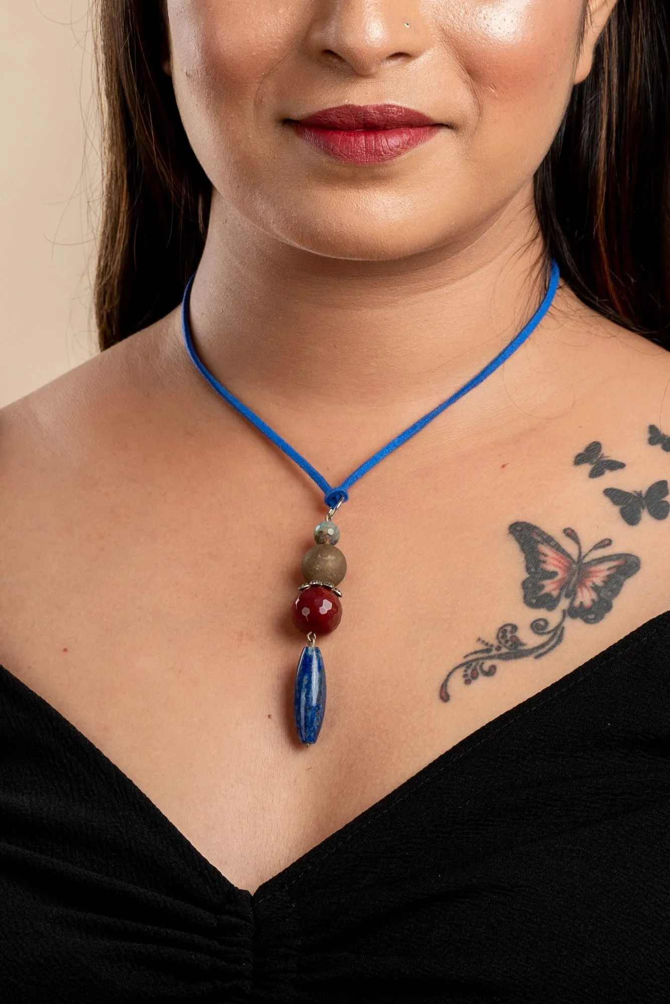 Handmade Lapis Lava Onyx Bead Pendant With Blue Adjustable Suede Cord Neckpiece- Unique Handcrafted Jewelry