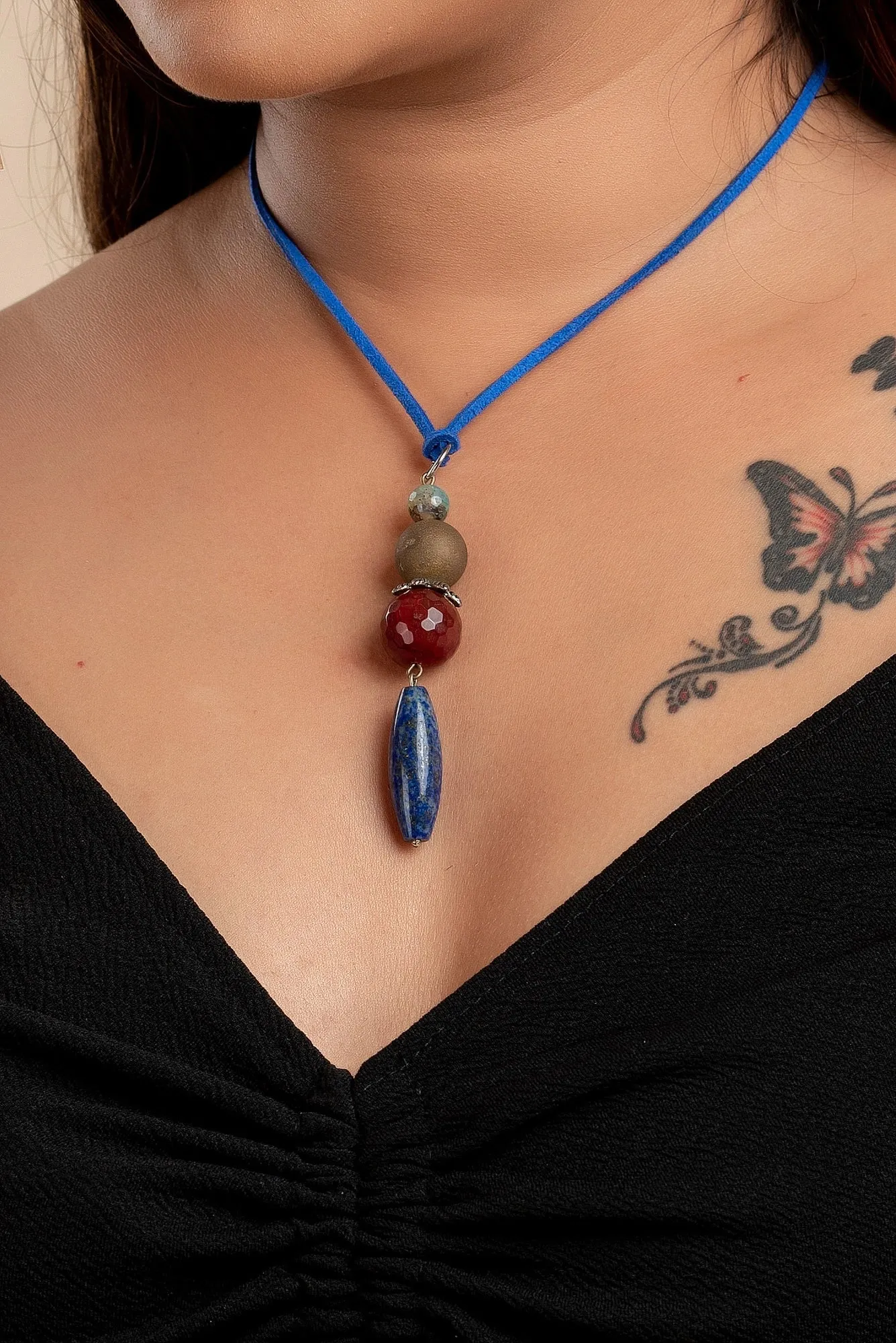 Handmade Lapis Lava Onyx Bead Pendant With Blue Adjustable Suede Cord Neckpiece- Unique Handcrafted Jewelry