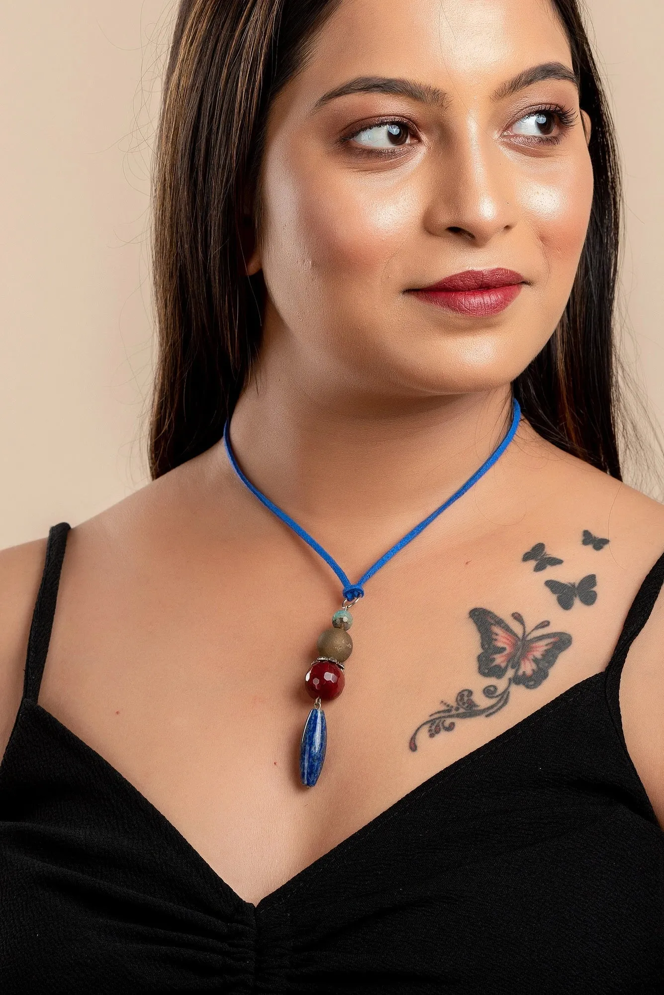 Handmade Lapis Lava Onyx Bead Pendant With Blue Adjustable Suede Cord Neckpiece- Unique Handcrafted Jewelry