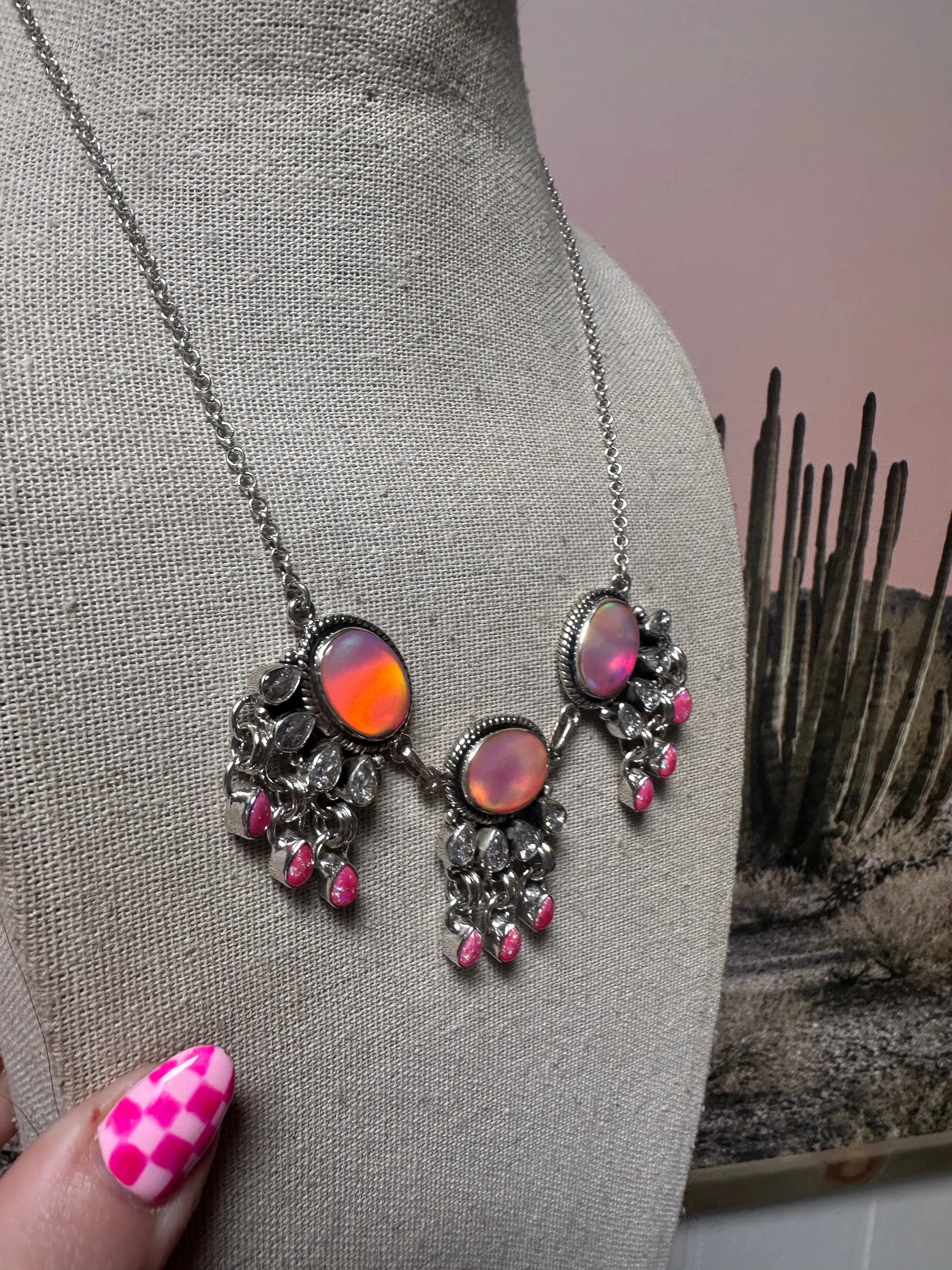 Handmade Pink Opal, Hot Pink Fire Opal & Sterling Silver Tassel Necklace