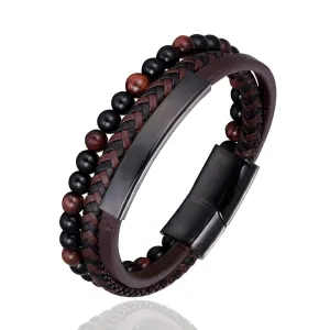 High Quality Natural Lava Stone Micro-inlaid Leather Stainless Steel Bracelet Men Women Fashion Jewelry