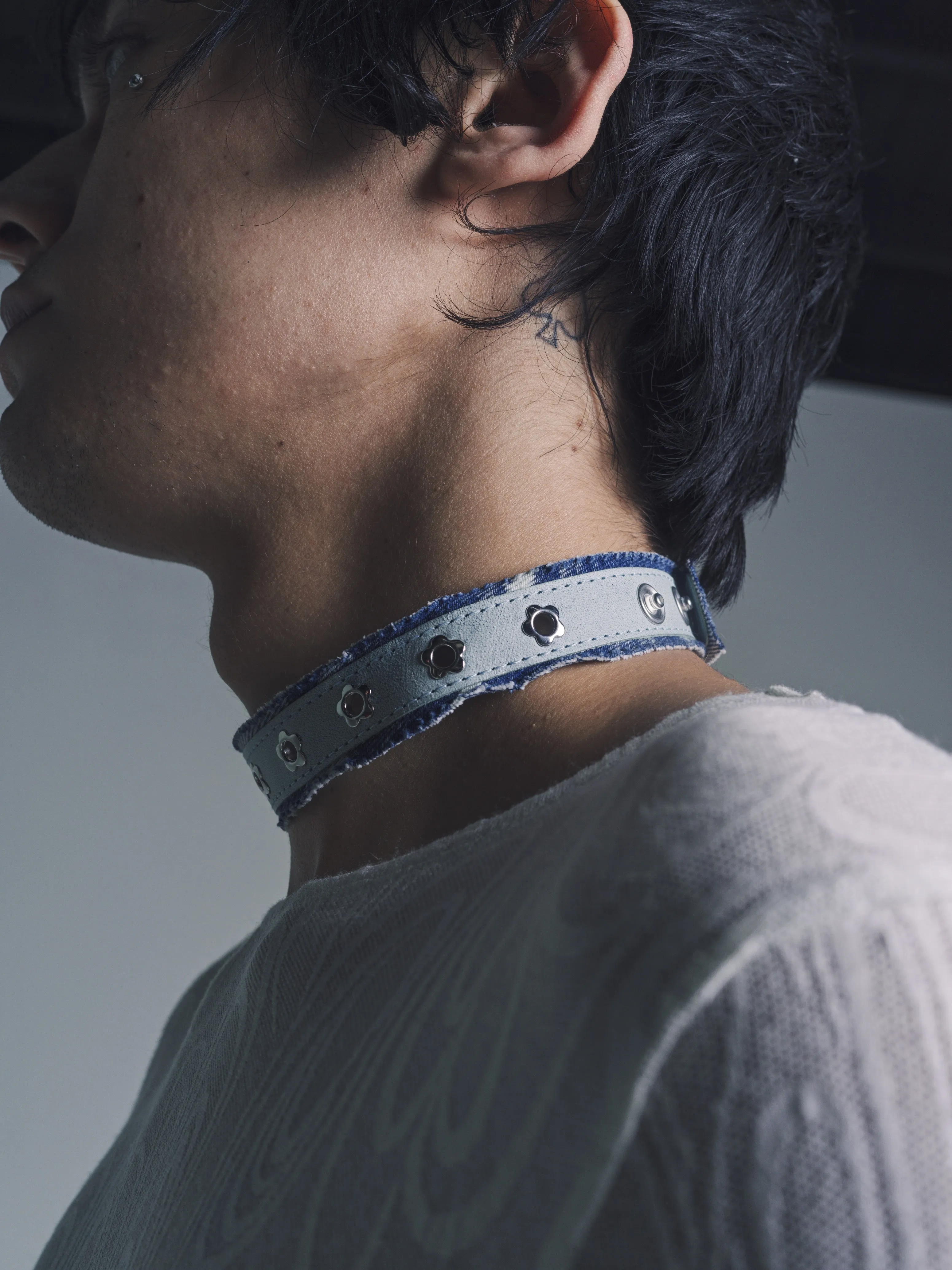 Indigo Leather Denim Flower Choker