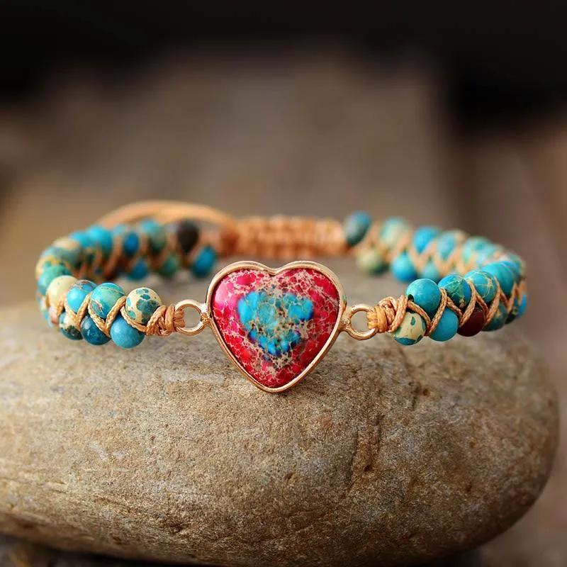 Jasper Heart Charm Braided Bracelet - azure