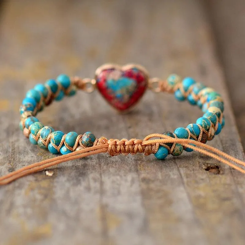 Jasper Heart Charm Braided Bracelet - azure