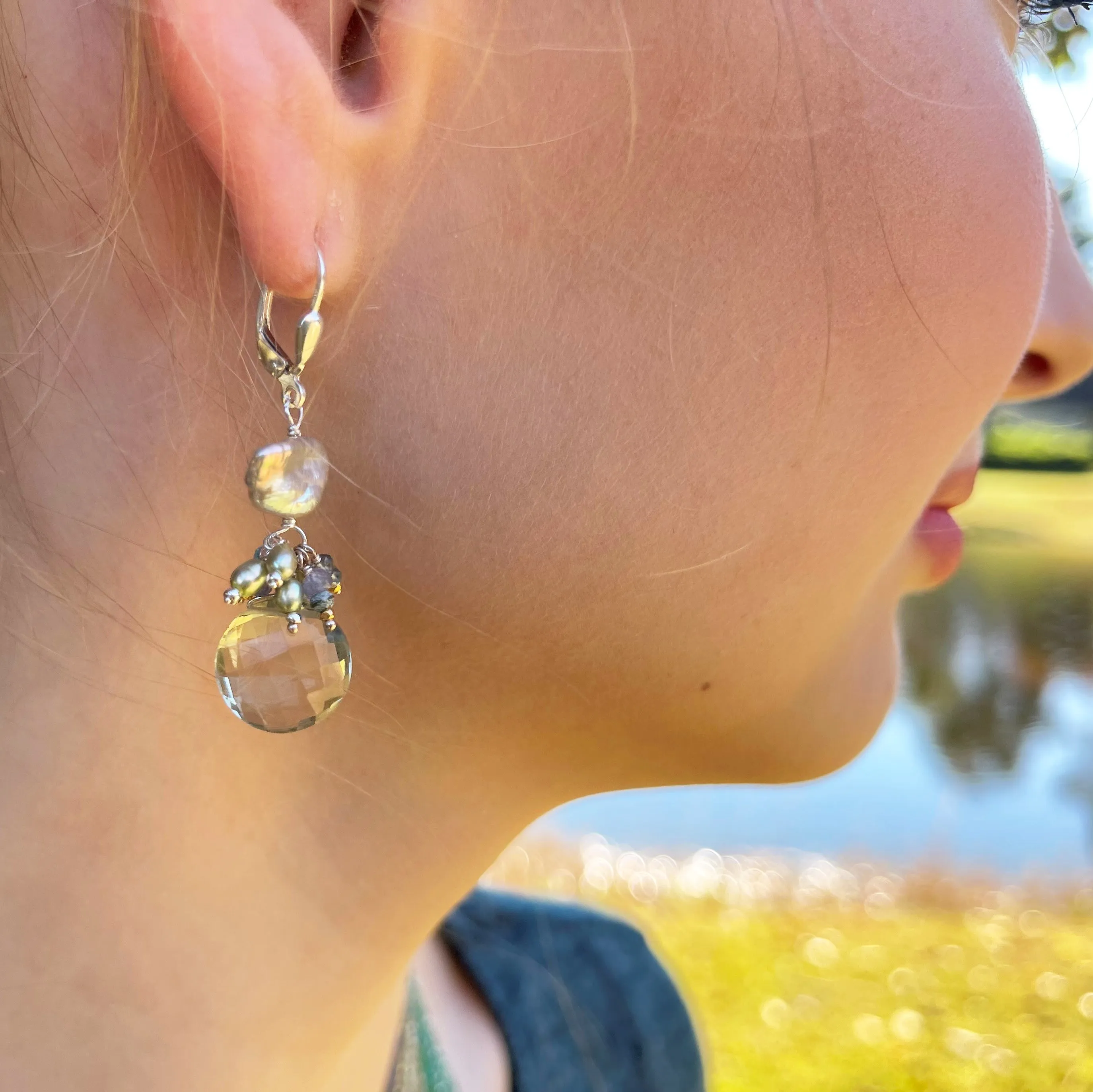 Keshi Pearl Earrings with Iolite or Green Amethyst