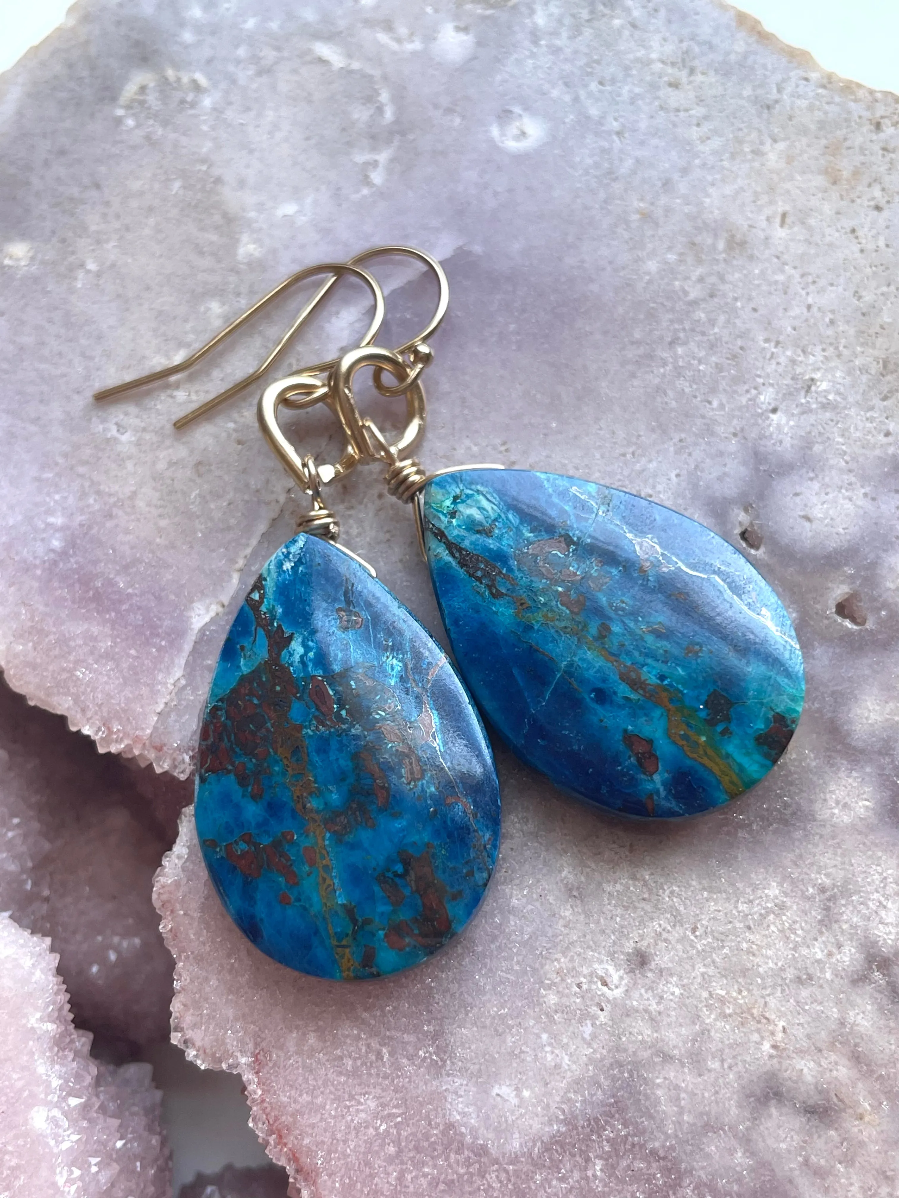 Large Chrysocolla Gold Filled Statement Crystal Gemstone Earrings