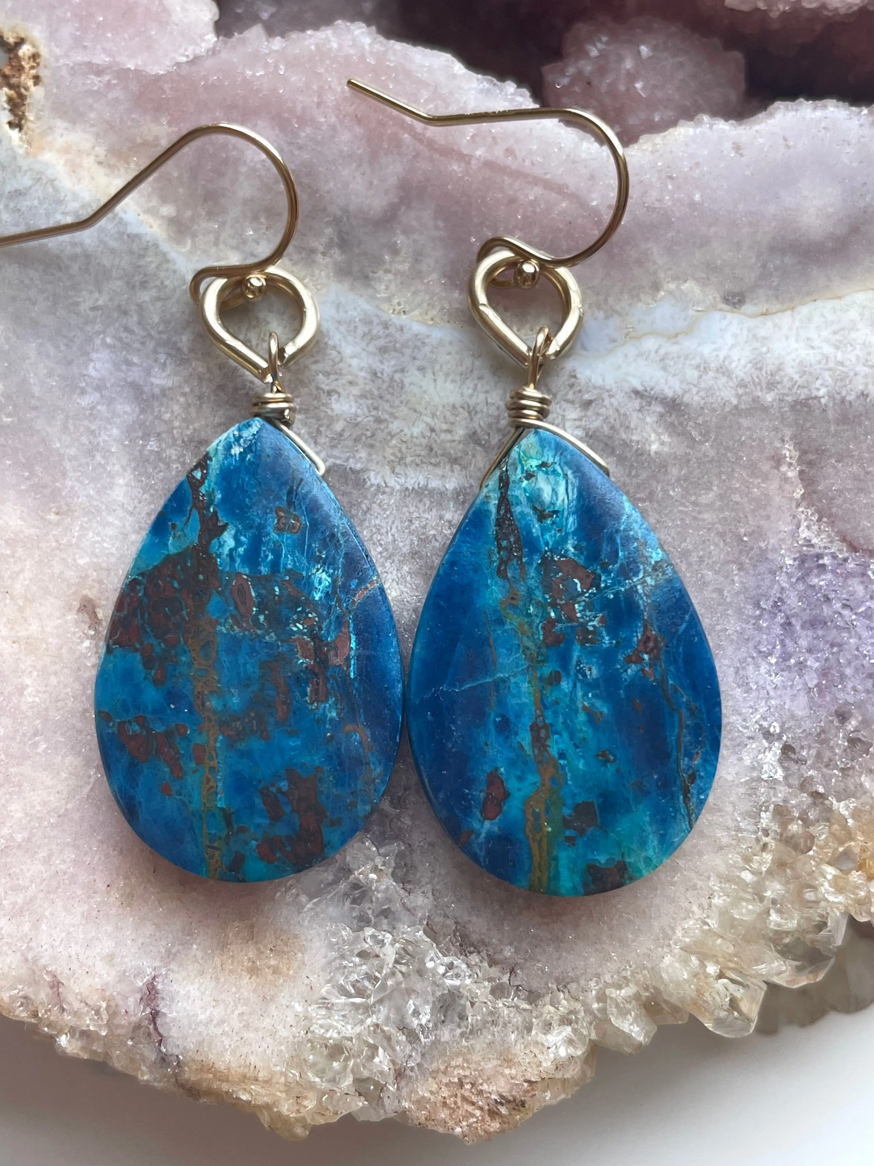 Large Chrysocolla Gold Filled Statement Crystal Gemstone Earrings