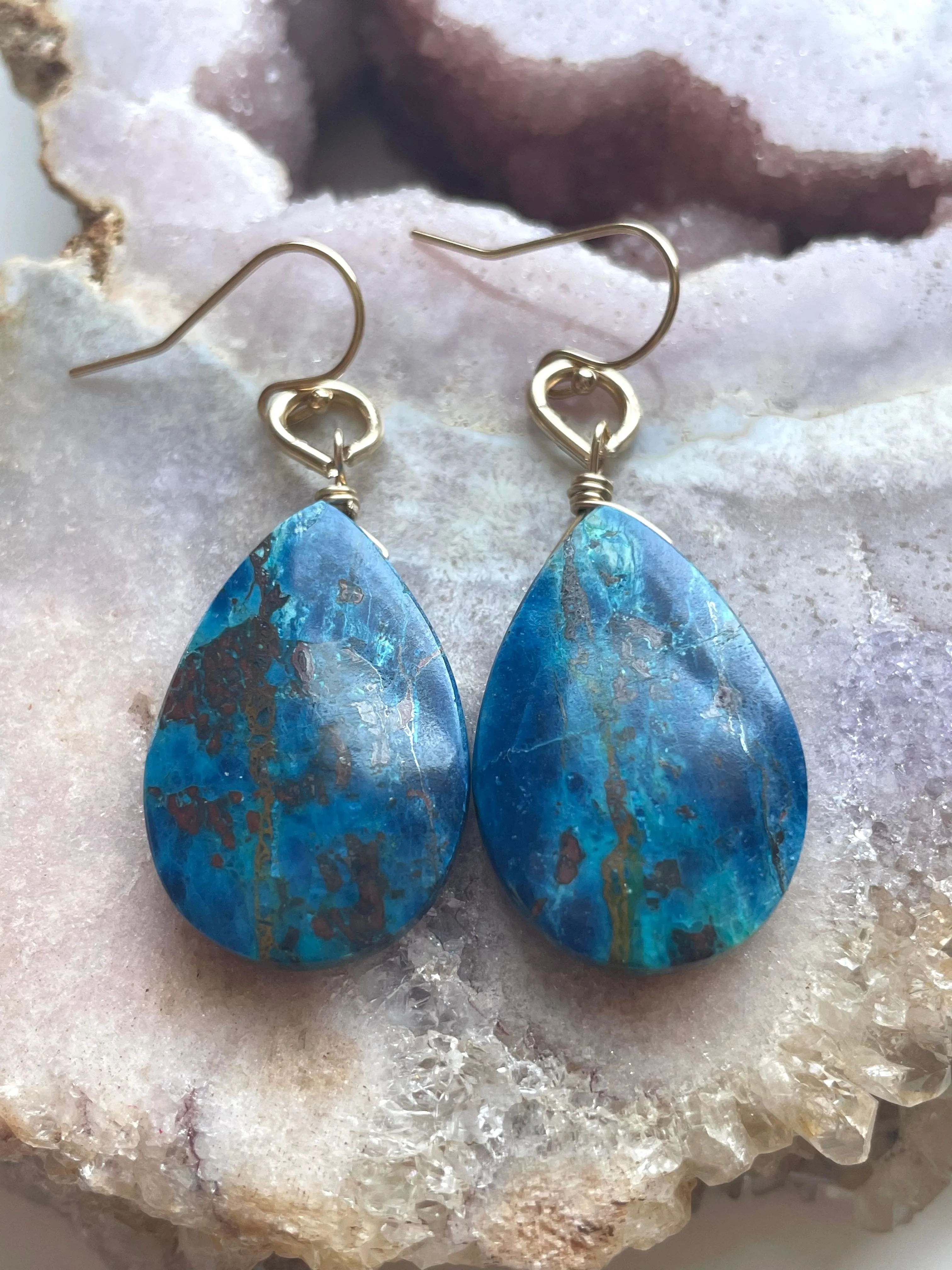 Large Chrysocolla Gold Filled Statement Crystal Gemstone Earrings