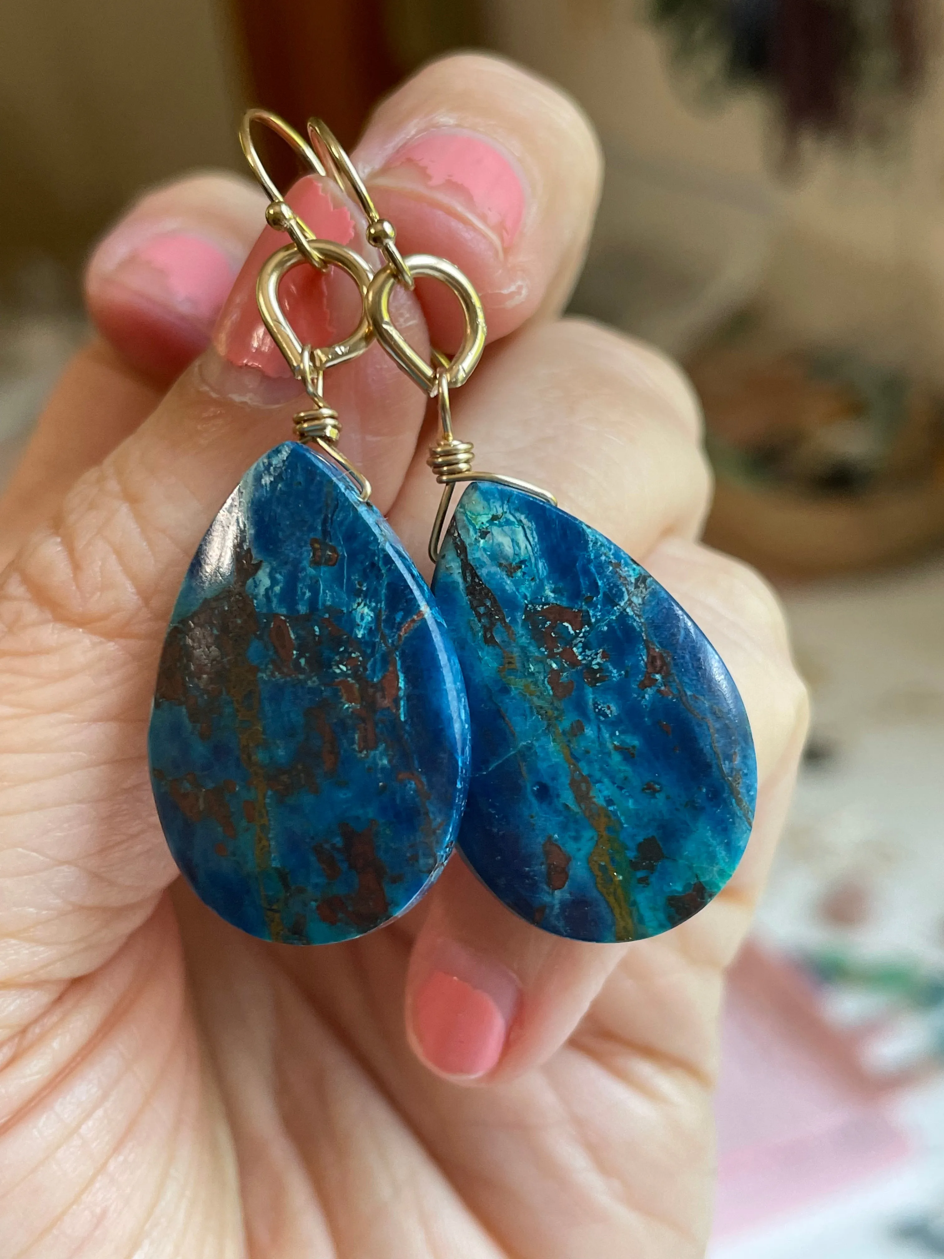 Large Chrysocolla Gold Filled Statement Crystal Gemstone Earrings