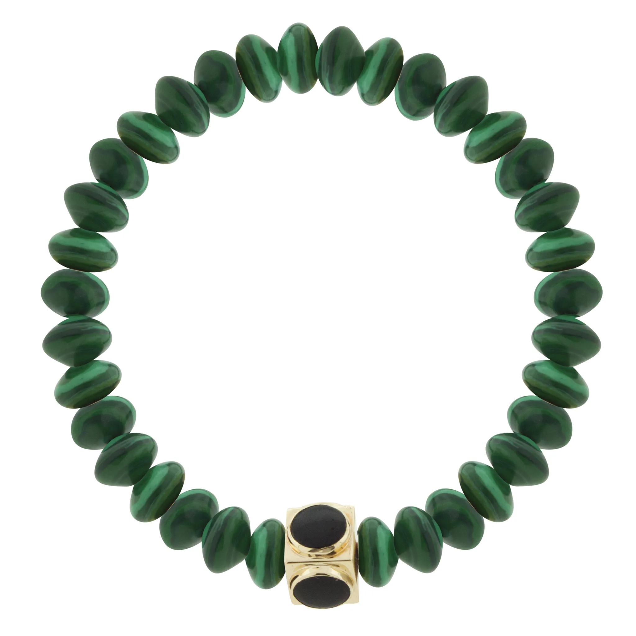 Large Gold & Onyx Lego Cube on Malachite Beaded Bracelet