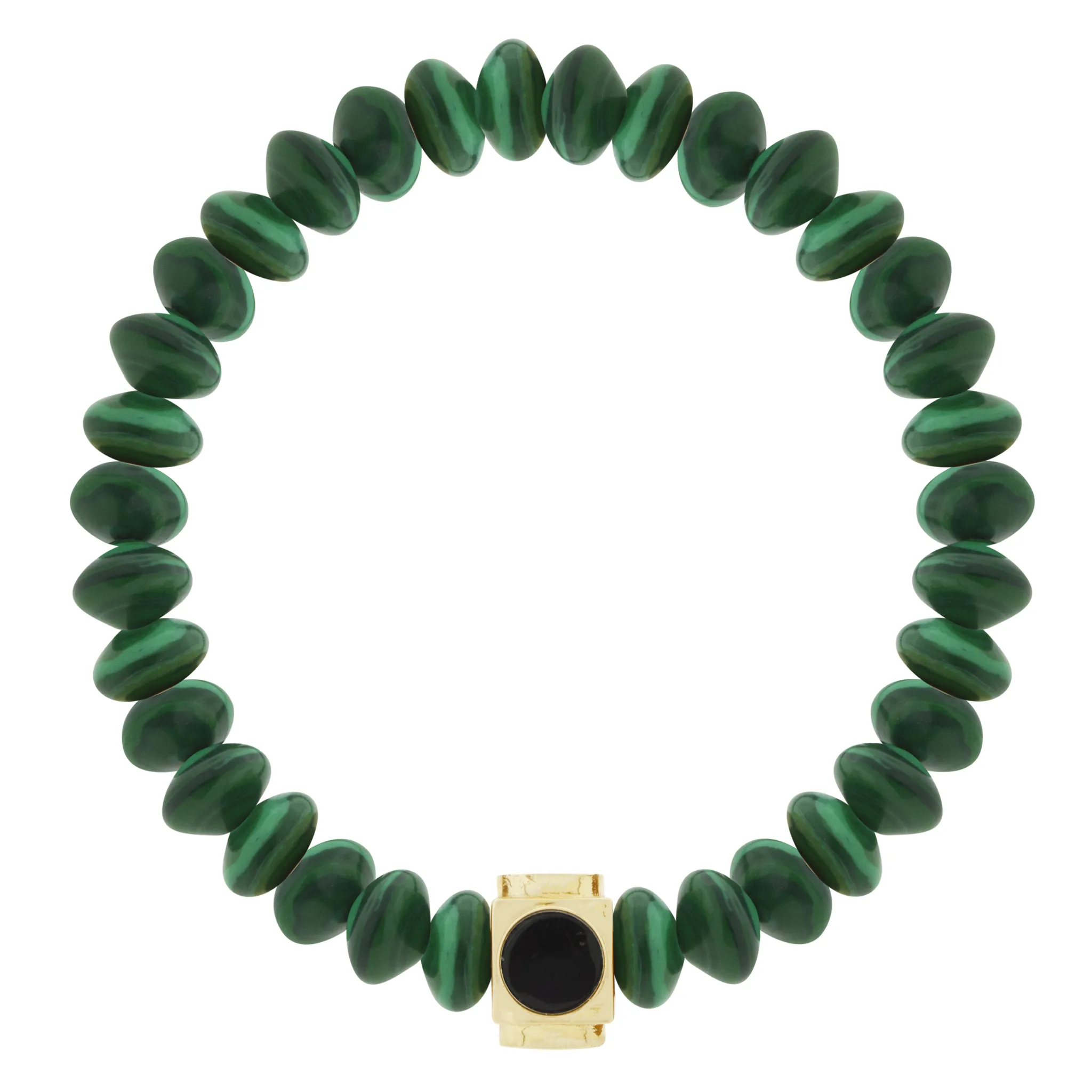 Large Gold & Onyx Lego Cube on Malachite Beaded Bracelet