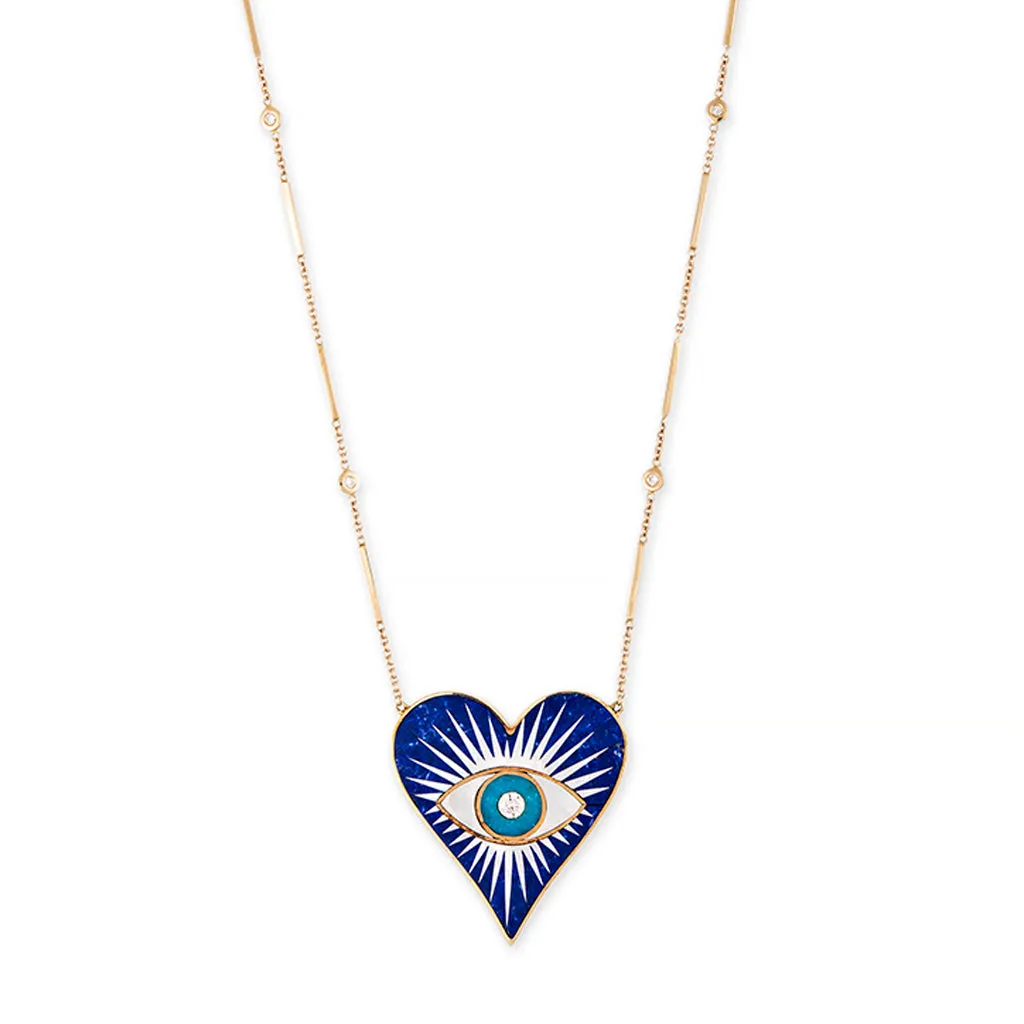 LARGE LAPIS PEARL TURQUOISE INLAY EYE BURST HEART NECKLACE