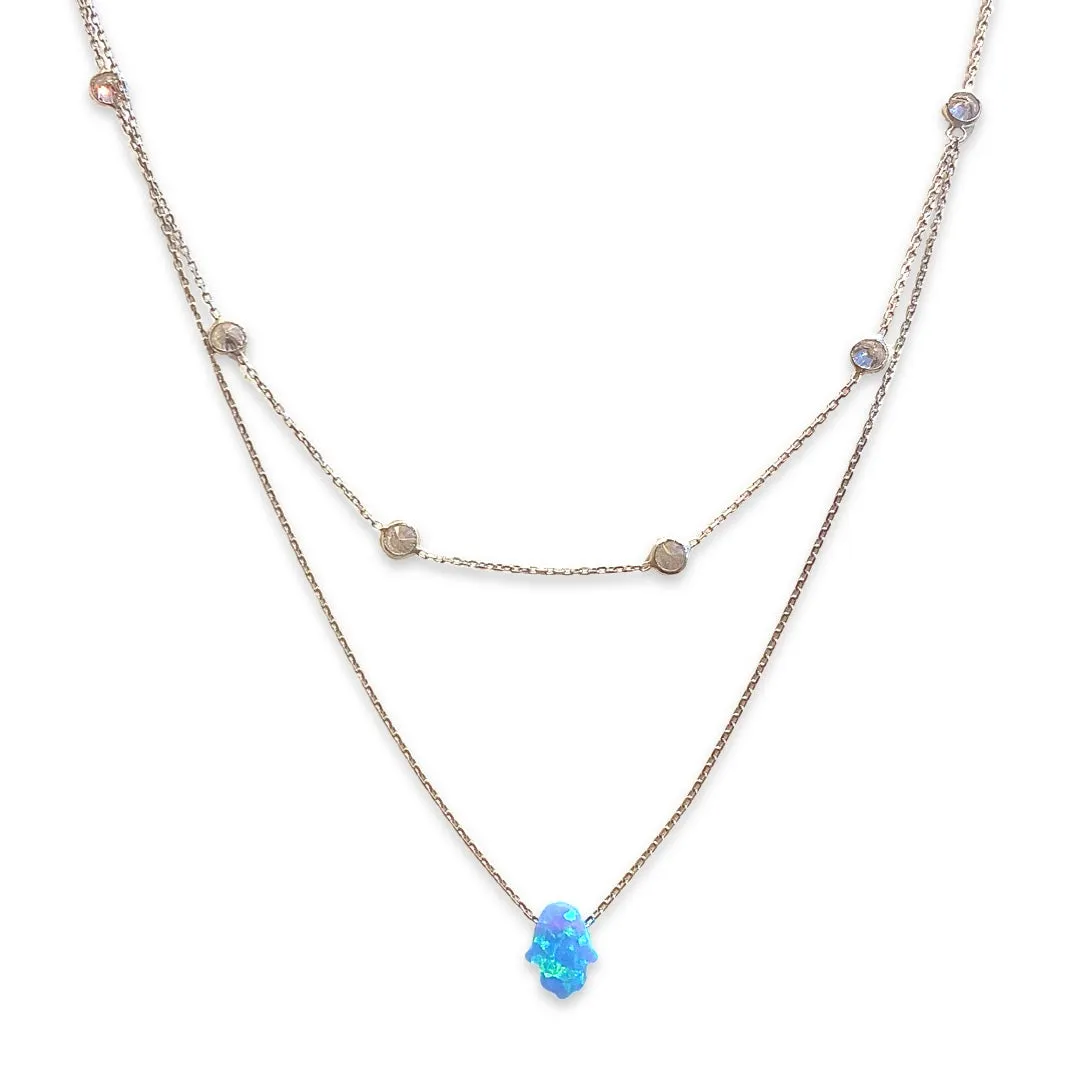 Layered Blue Opal Hamsa Bezel Necklace