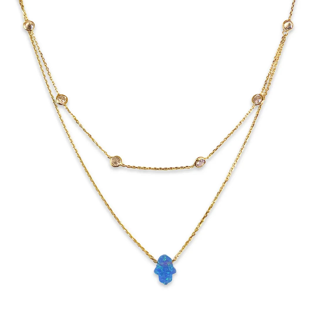 Layered Blue Opal Hamsa Bezel Necklace