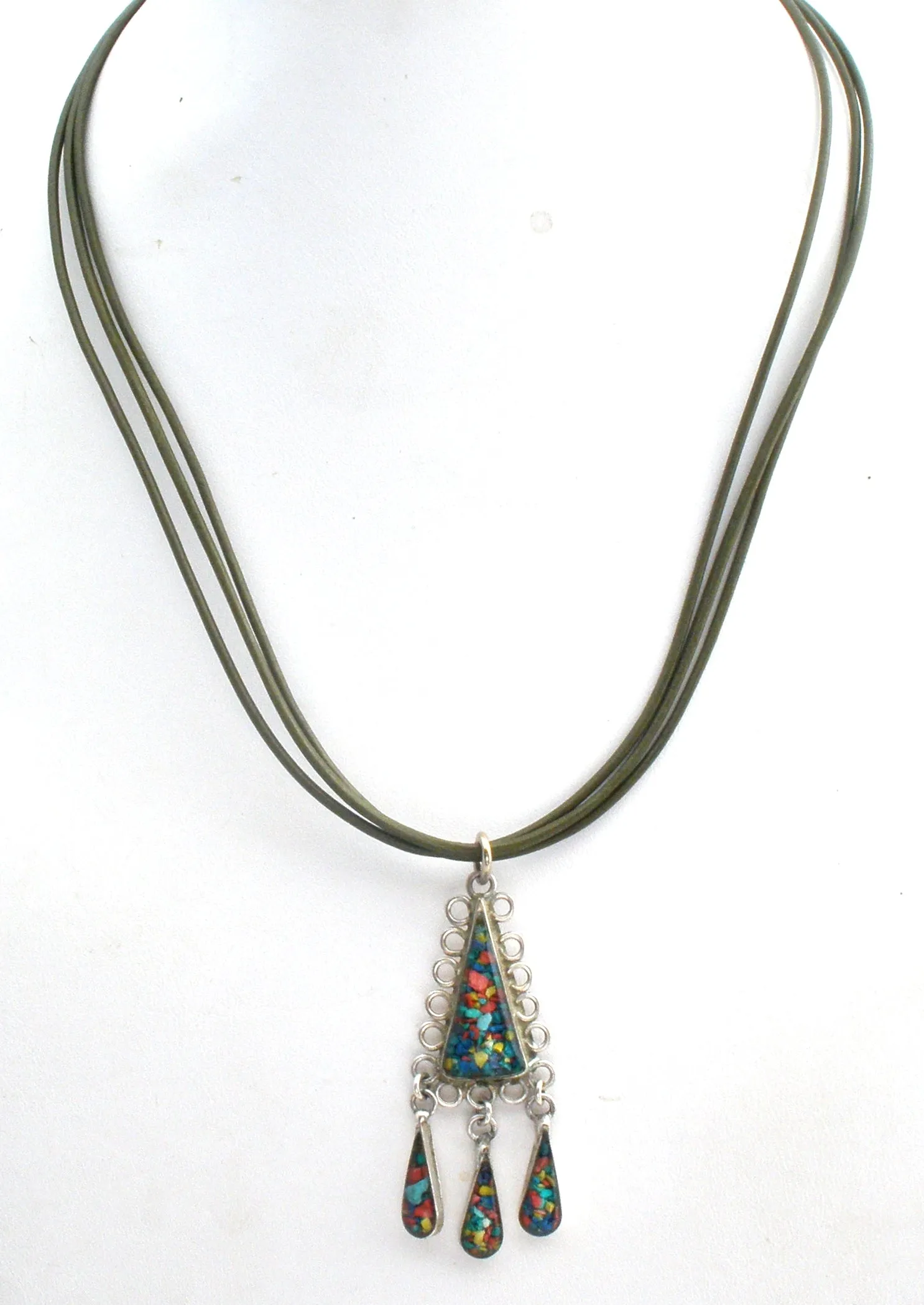 Leather Cord Necklace With Faux Opal Pendant 925