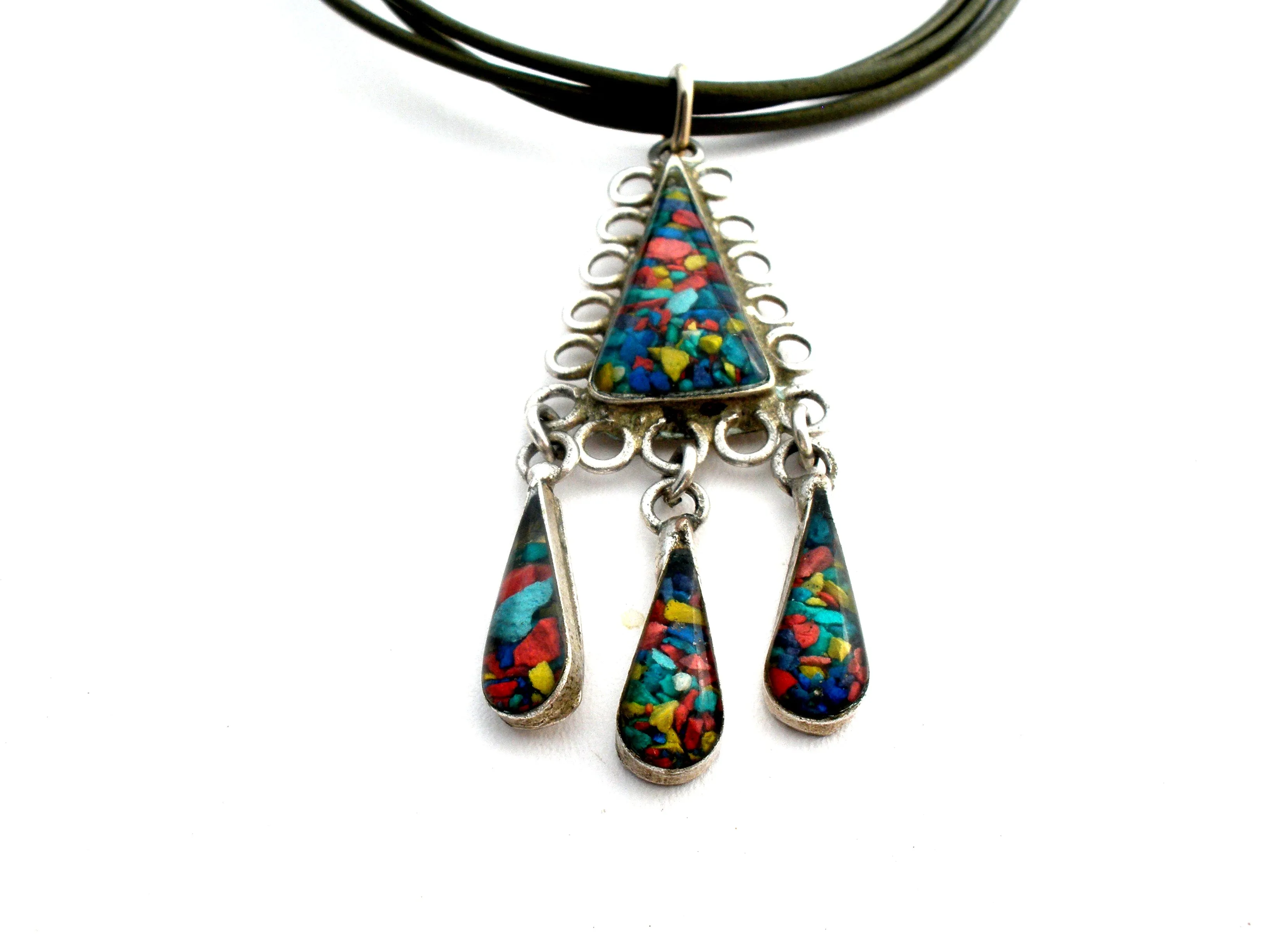 Leather Cord Necklace With Faux Opal Pendant 925