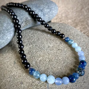 Long Shungite Necklace, Blue Gemstones, Throat Chakra, Communication