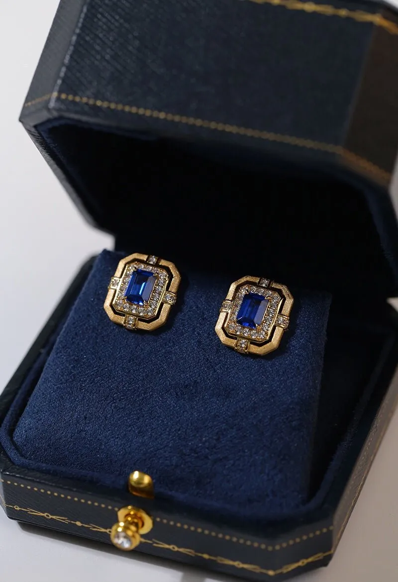 Matte Gold Square Hollow Diamond Wrapped Sapphire Stud Earrings